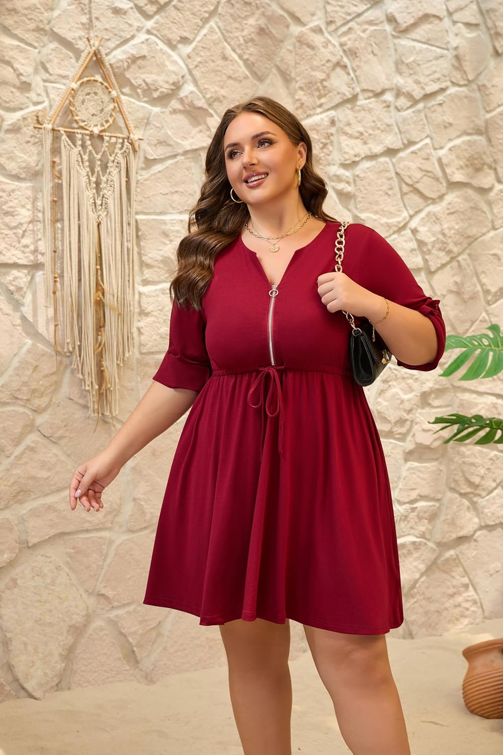 Womens Plus Size Dress Casual Roll up 3/4 Sleeves Zipper V Neck Tie Waist Flowy Loose Dresses with 2 Pockets - Image 2