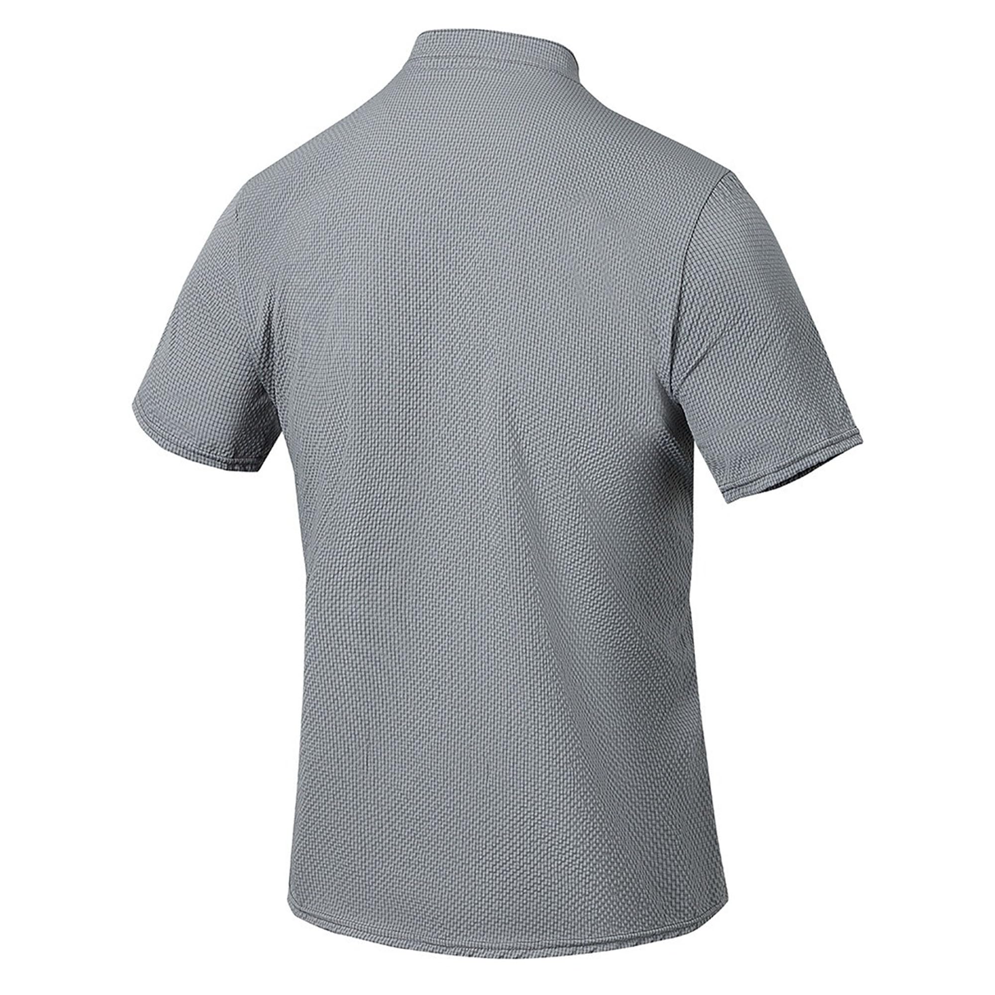 Zylphorix Men Quarter Button Short Sleeve T-Shirt Stand Collar Breathable Plaid Shirts Summer Cozy Workplace Polo Pullover (Dark Grey,Medium)