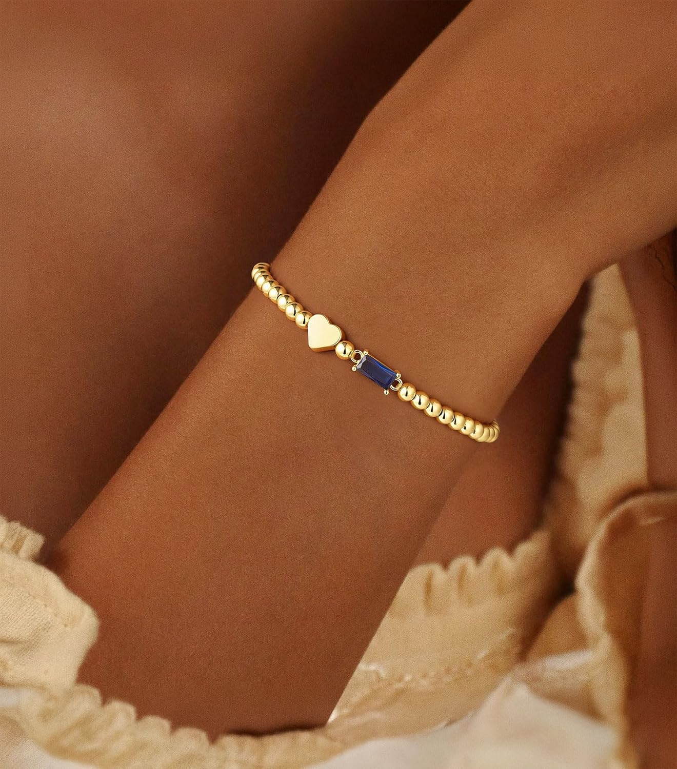 Valentines Gifts for Her - Dainty Birthstone Bracelets for Women Elastic 14K-Gold-Plated Bead Bracelet Trendy Heart Friendship Bracelets Stack Birthday Jewelry Gifts for Women - Image 2