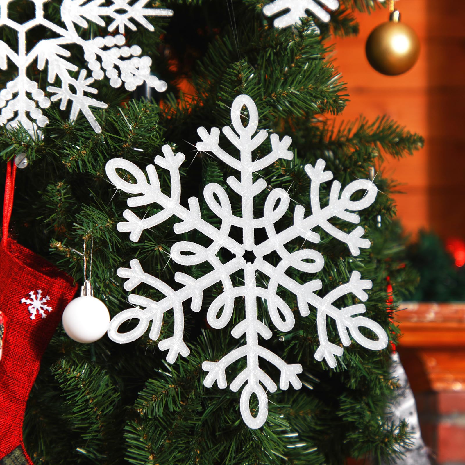 Sratte 12 Stück 40,6 cm große Schneeflocken-Ornamente, riesige glitzernde dekorative hängende Schneeflocken, 6 Designs, Weihnachtsdekoration, hängende Ornamente, Winter-Fensterdekoration mit
