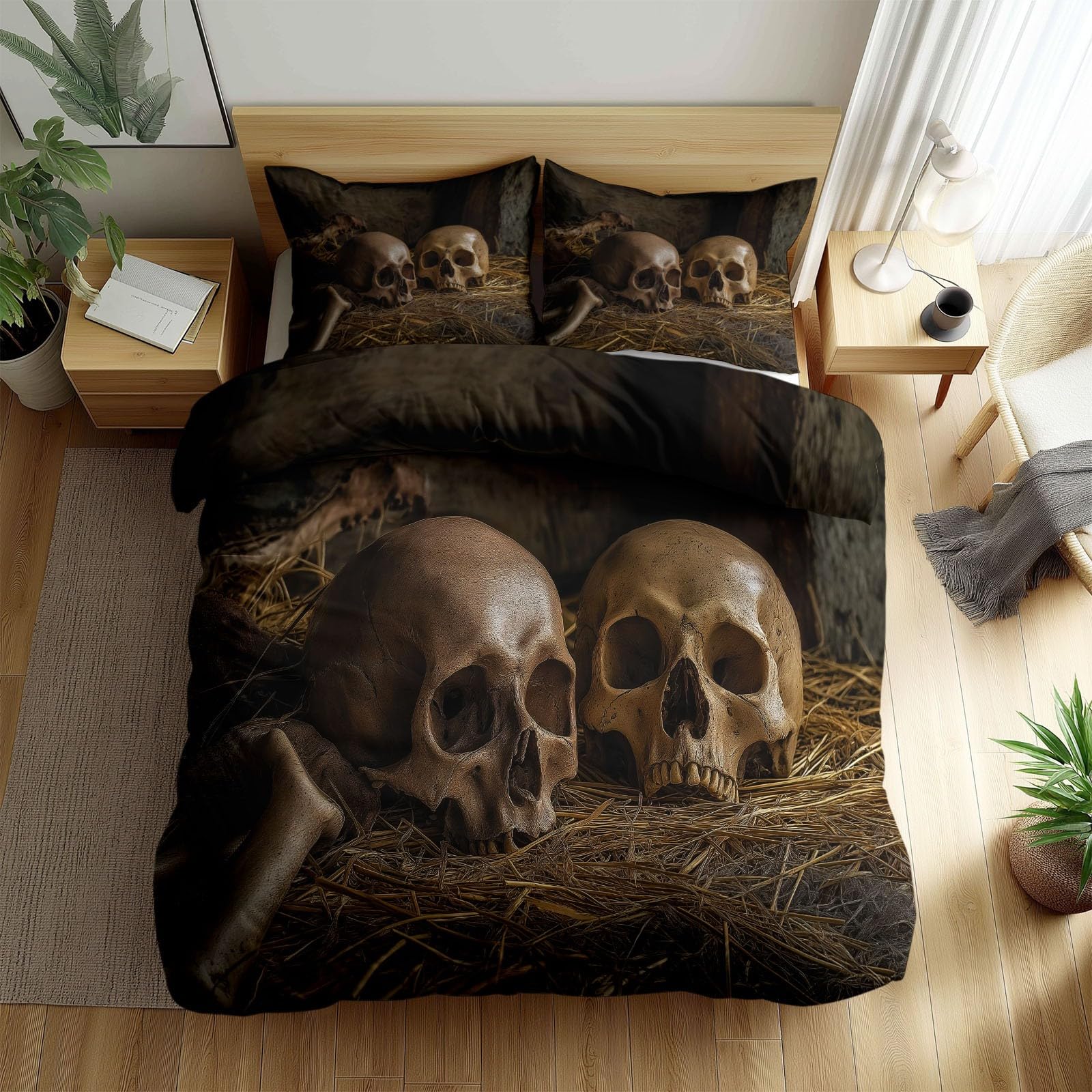 Housse de couette crâne horreur 140x200 cm marron avec taie