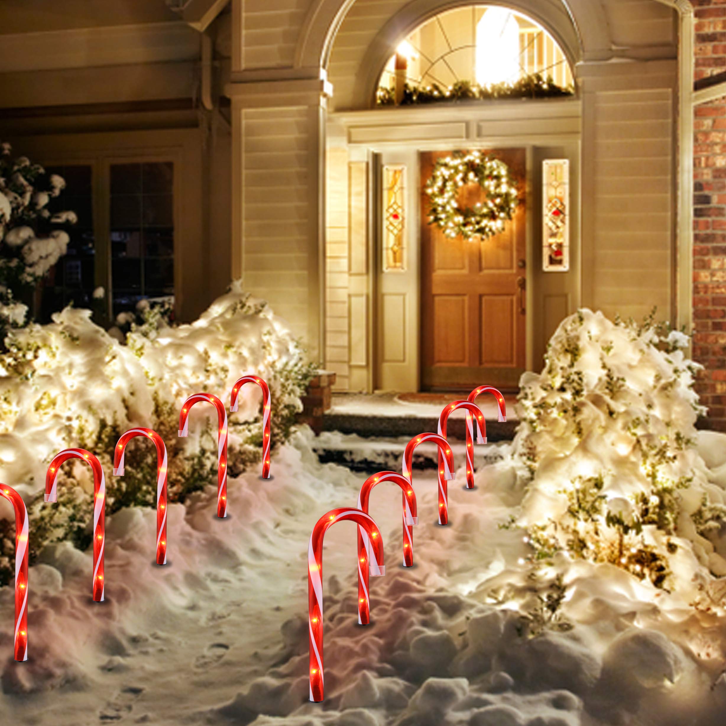 Luces de bastón de caramelo, paquete de 10 luces de camino de bastón de caramelo, 10 pulgadas, color rojo claro, bastón de caramelo para exteriores, decoración de Navidad para pasarela, entrada, acera 9