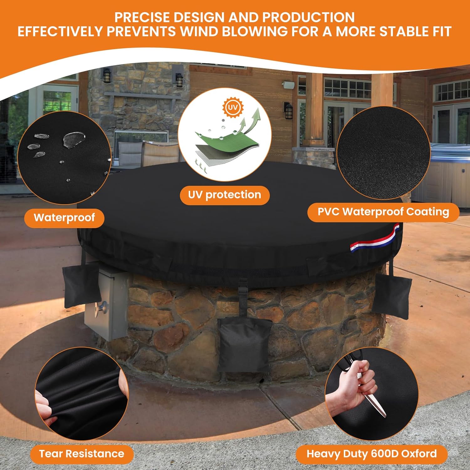 Fire Pit Cover Round for In Ground Firepit, Outdoor Built in Fire Pit Cover Round Heavy Duty Waterproof 600D Oxford Covers, Black Firepit Protector 48"-52"