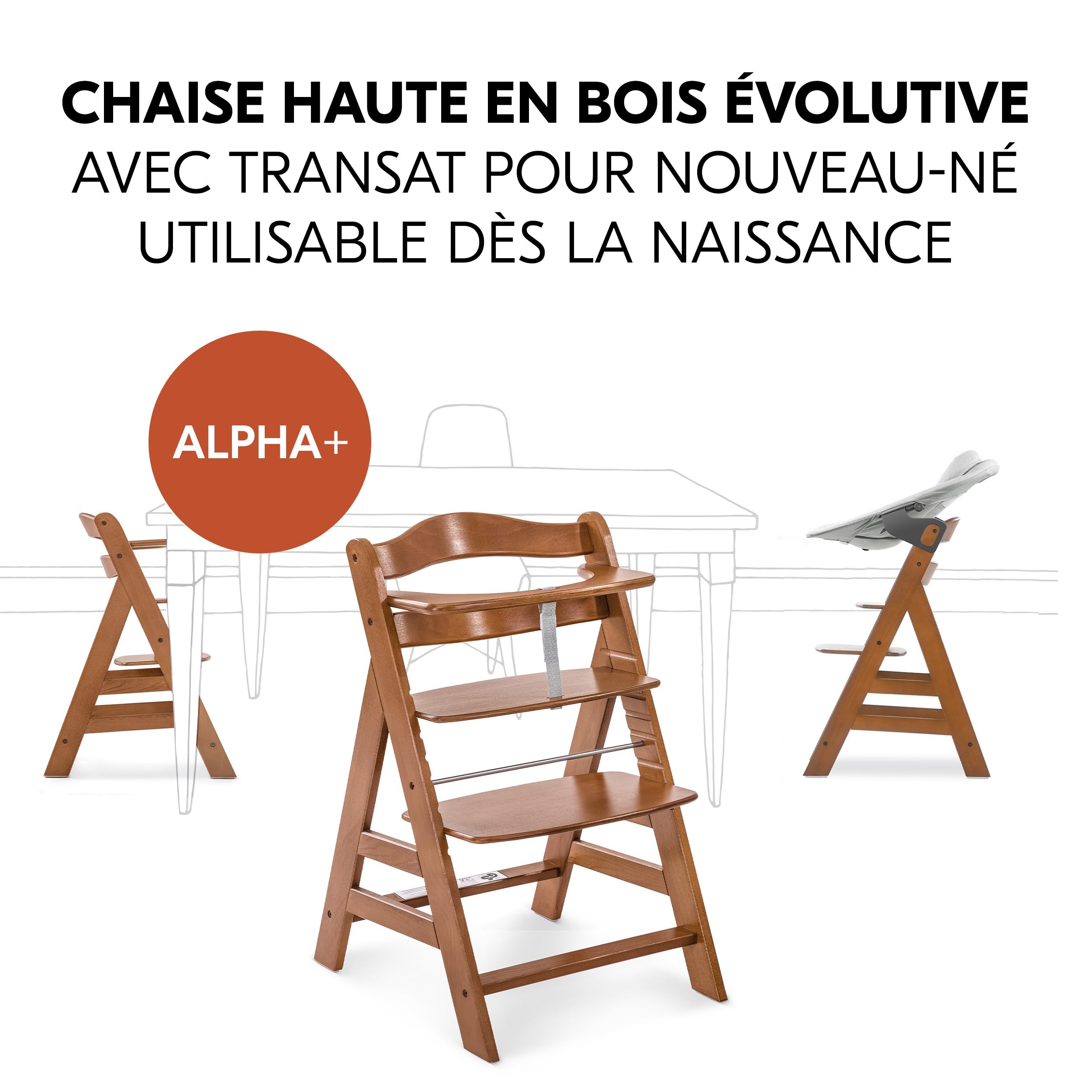 hauck Chaise Haute Bébé Alpha+ avec Siège Nouveau-né Premium - Walnut | Chaise haute évolutive en bois, de la naissance à 90 kg, inclus assise bébé avec réducteur, coussin, idéal pour repas