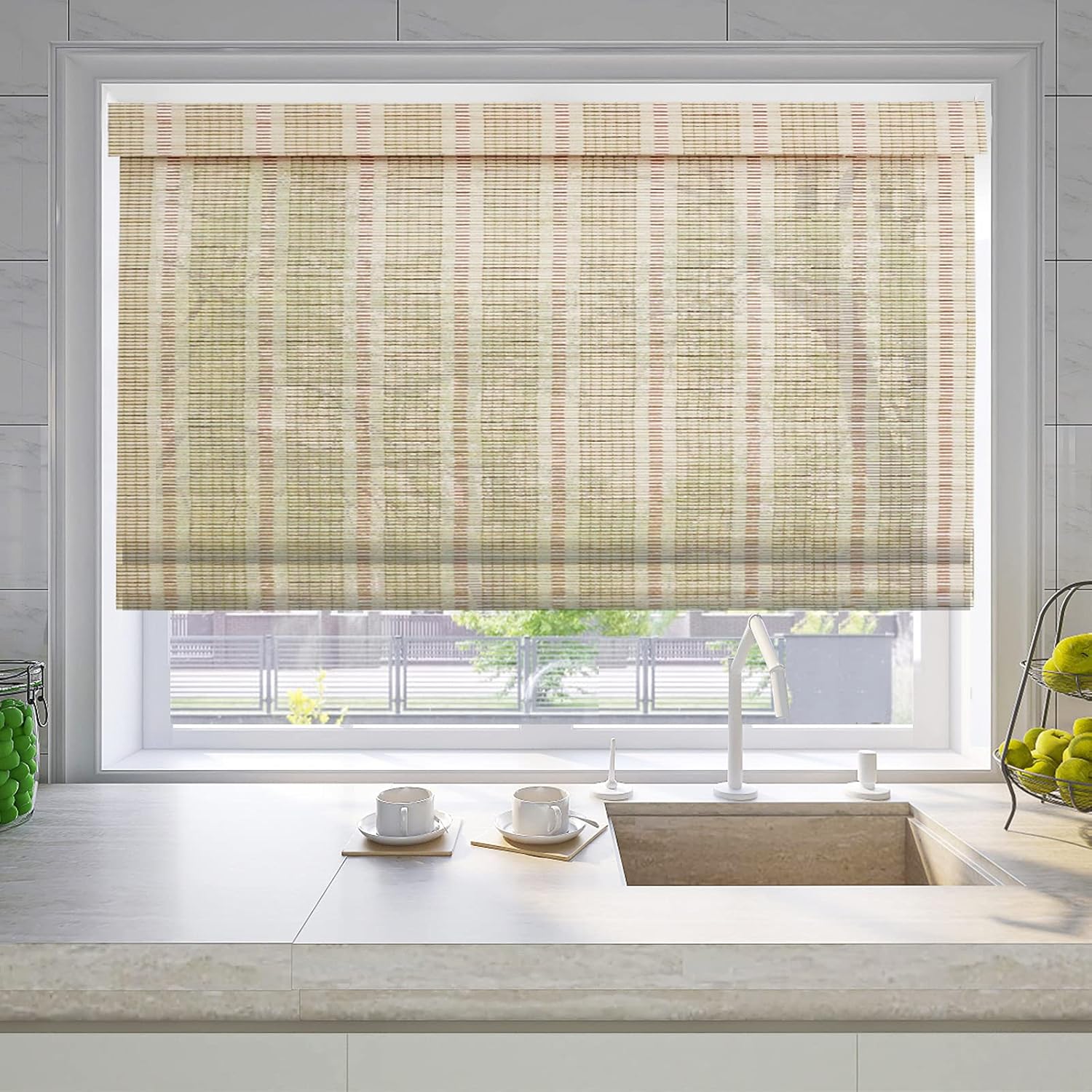 LETAU No Drill No Tools Cordless Wood Window Roman Shades, Bamboo Light Filtering Window Blinds for Indoor Home, Kitchen, Office, Pattern 12