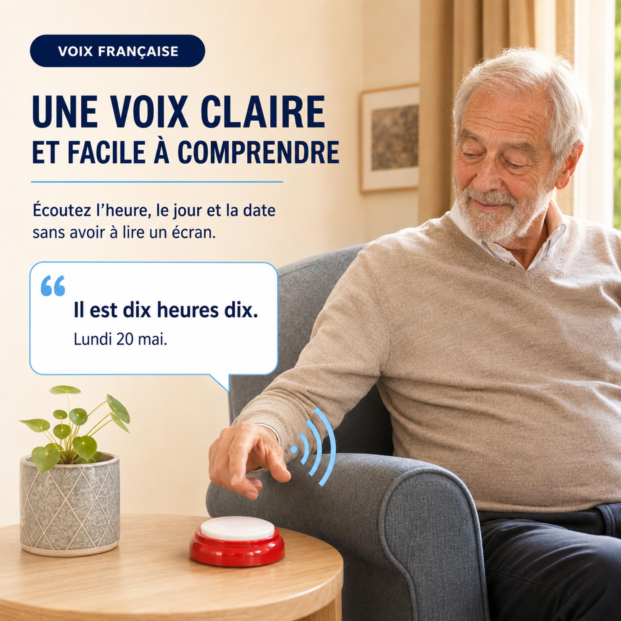 Horloge Parlante à Boutons Voix Française Claire, Réveil,12/24H | Voix Française Claire et Facile à Comprendre, Avec Réveil Sonore - Idéale pour Malvoyants, Aveugles et Personnes Agées