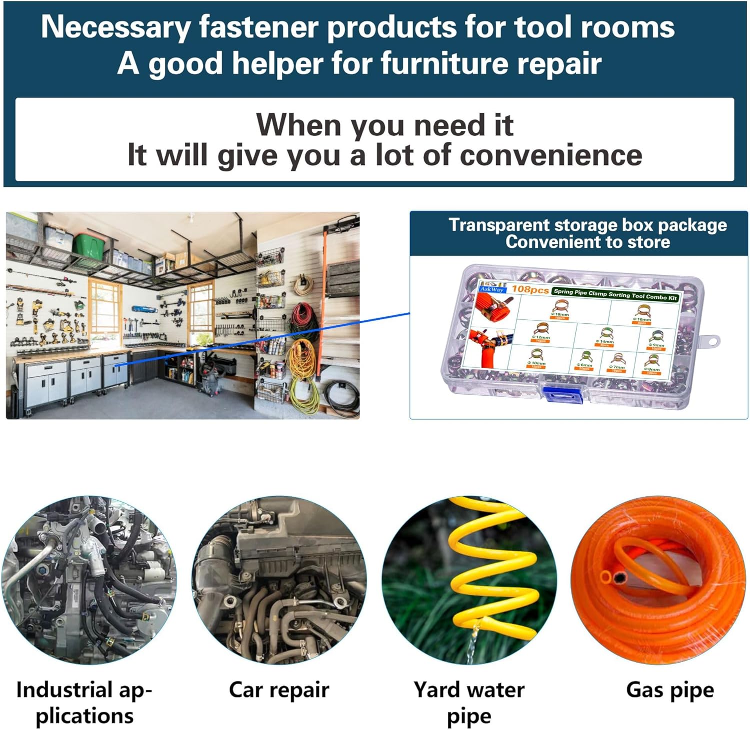 108pcs Spring Pipe Clamps, With Spring Pipe Clamp Tools, 9 Sizes 6-18mm Spring Hose Clamps, Used To Fix Hose Interfaces In Automotive, Marine, Gardening, Industrial Applications (1, Colors)