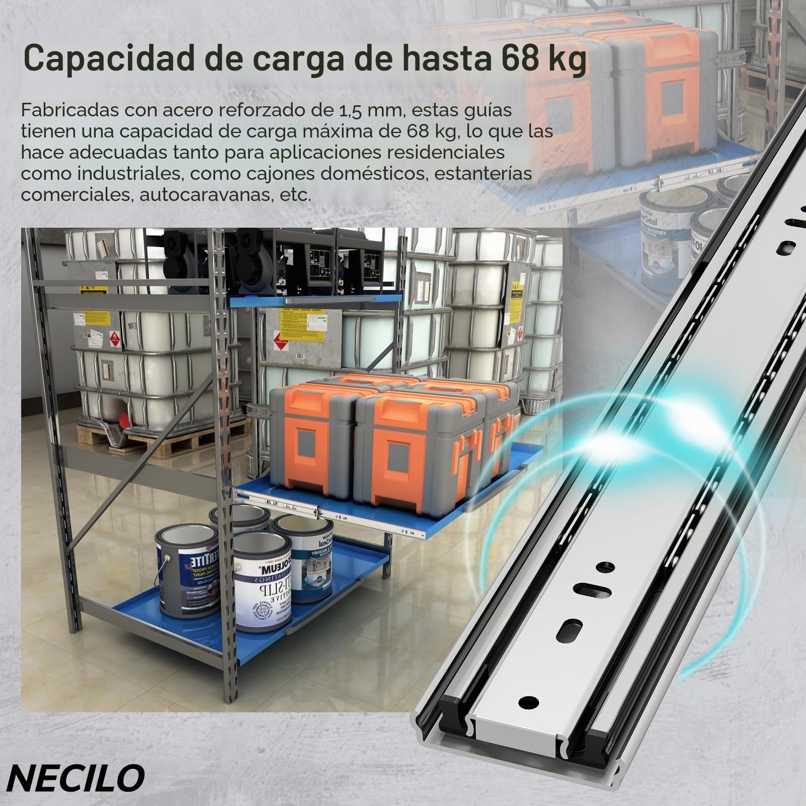 NECILO Guías para Cajones de Alta Resistencia,800 mm,con Capacidad de Carga de 50 kg,Extensión Total con Rodamiento de Bolas,Guías para Cajones de Montaje Lateral,1 Par | Extracción completa con rodamiento de bolas, capacidad de carga de 68 kg, cajones de