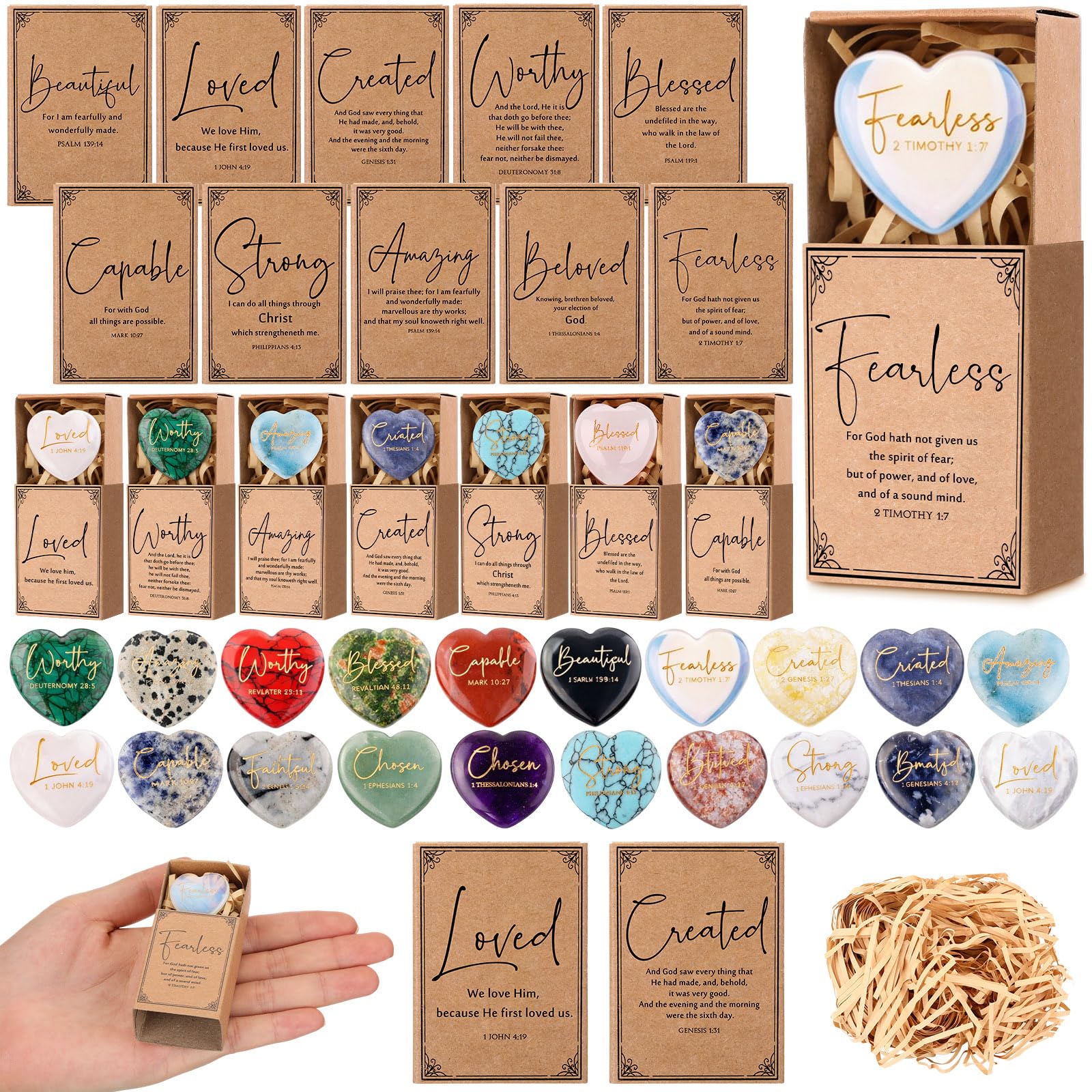Potchen 20 Set Christian Scripture Gifts for Women Natural Heart Crystal Stone Engraved Bible Verse with Scripture Match Storage Box Raffia Church Religious VBS Inspirational Gift Rocks (Multicolor)