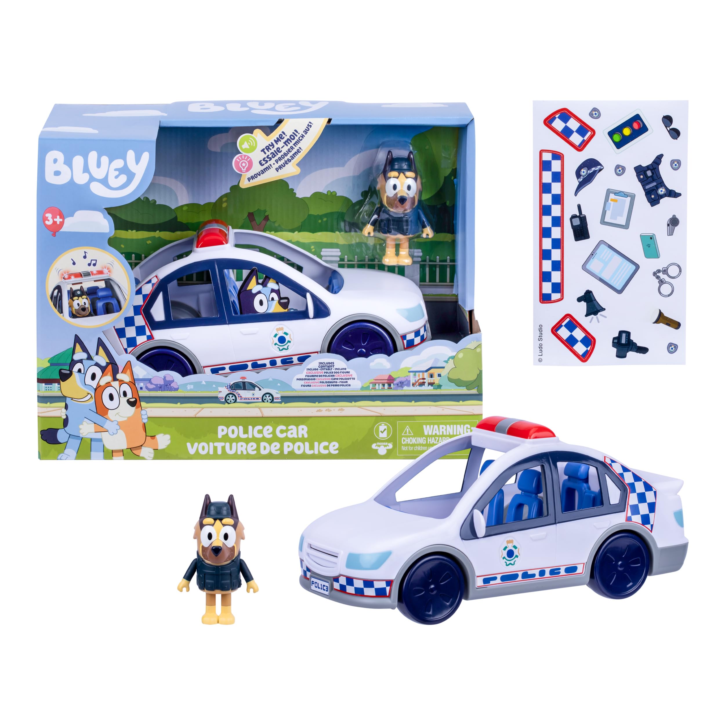 Coche de policía de Bluey; vehículo del Episodio Especial El Cartel; Incluye un Coche de con Luces y Sonidos, una Figura de y una Hoja de Pegatinas temáticas; Pilas Incluidas