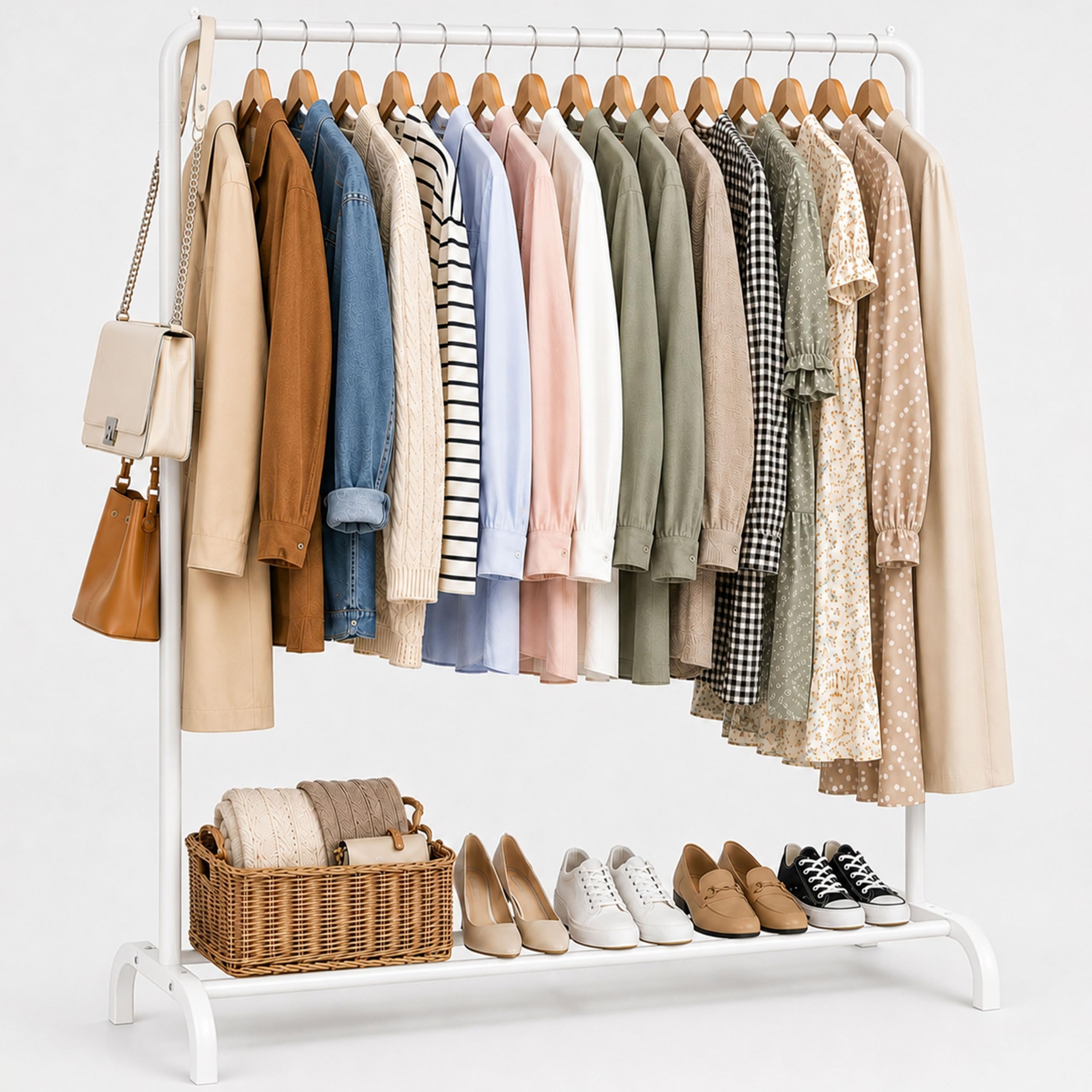 Vivo Technologies Metal Clothes Rail Stand with Hanging Rail and Storage Shelf, Clothes Rack Clothing Rails for Bedroom White