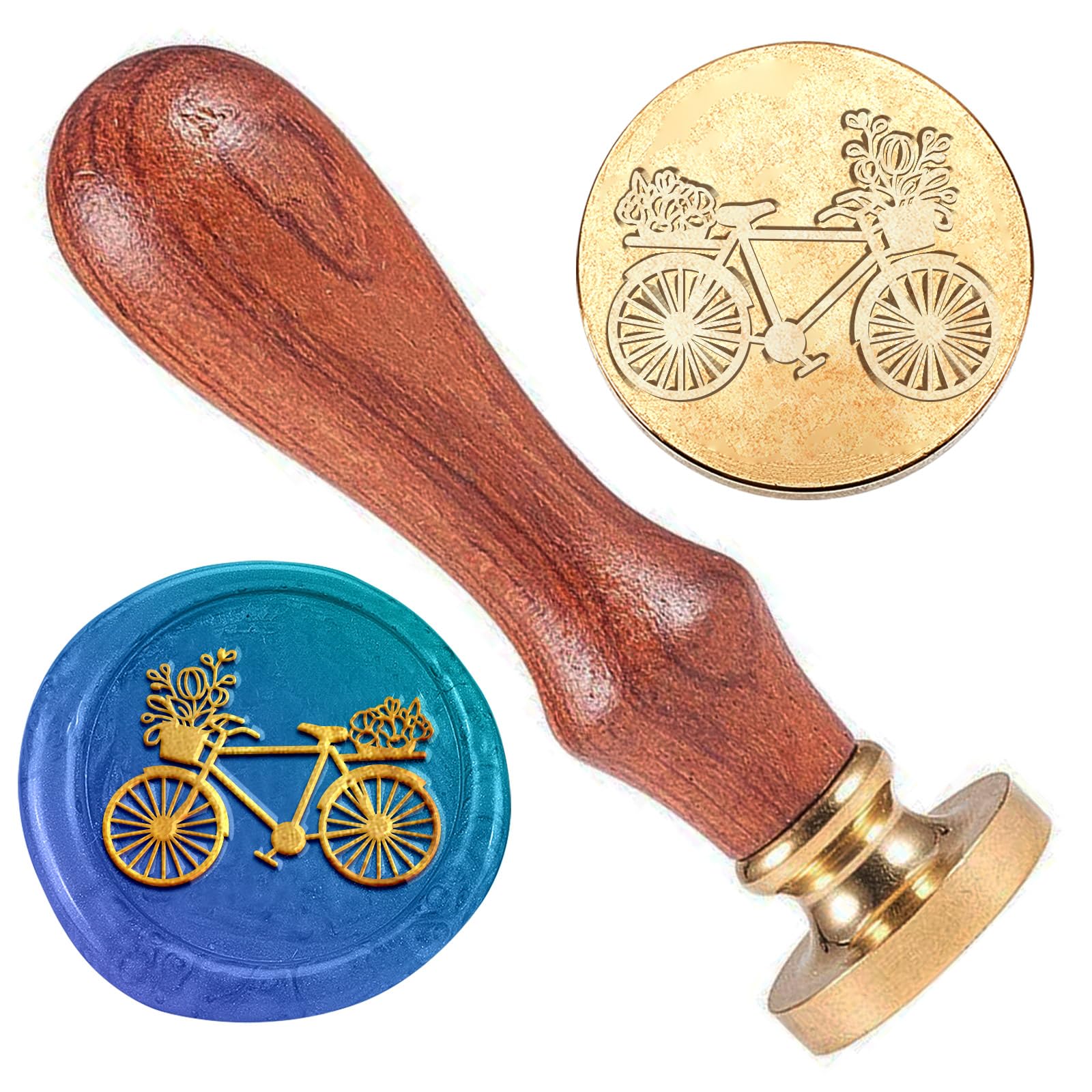 DELORIGIN Bicycle Wax Sealing Stamp, 1" Brass Wax Seal Stamp Head with Wooden Handle Flower Bike Wax Stamp for Invitation Cards Gift Wrapping Envelopes Wine Package Decoration