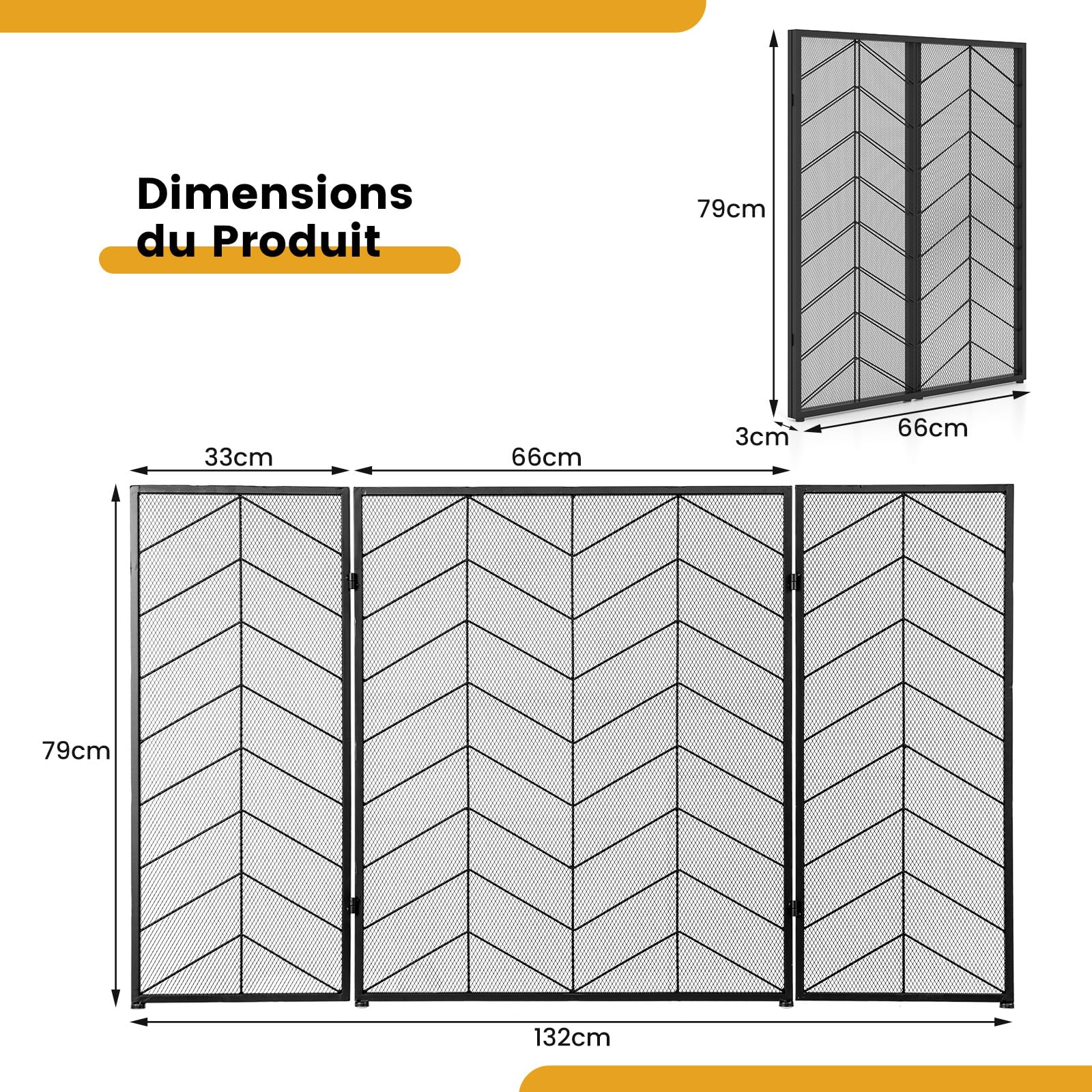 COSTWAY Pare-Feu de Cheminée Pliable à 3 Panneaux, Écran de Cheminée en Métal 132 x 79 cm, Pare-étincelles en Maille, Grille de Protection pour Poêle, Aucun Assemblage (Motif à Chevrons)