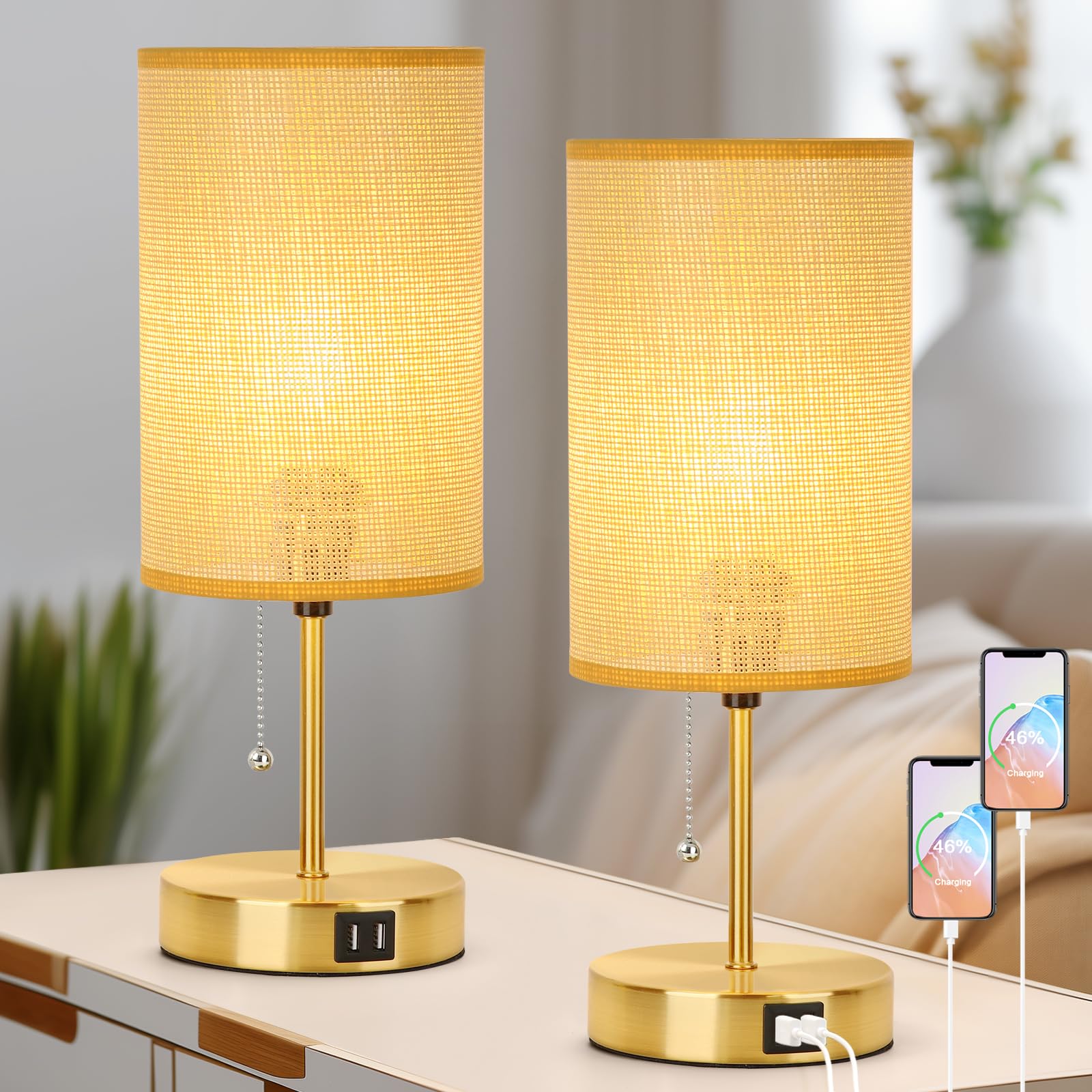 Klassische Nachttischlampe mit 2 USB-Anschlüssen, Nachttischlampen mit Zugkette, Schreibtischlampen aus gewebtem Bambus mit Rattanschirm und goldenem Metallsockel für Schlafzimmer, 2 Stück