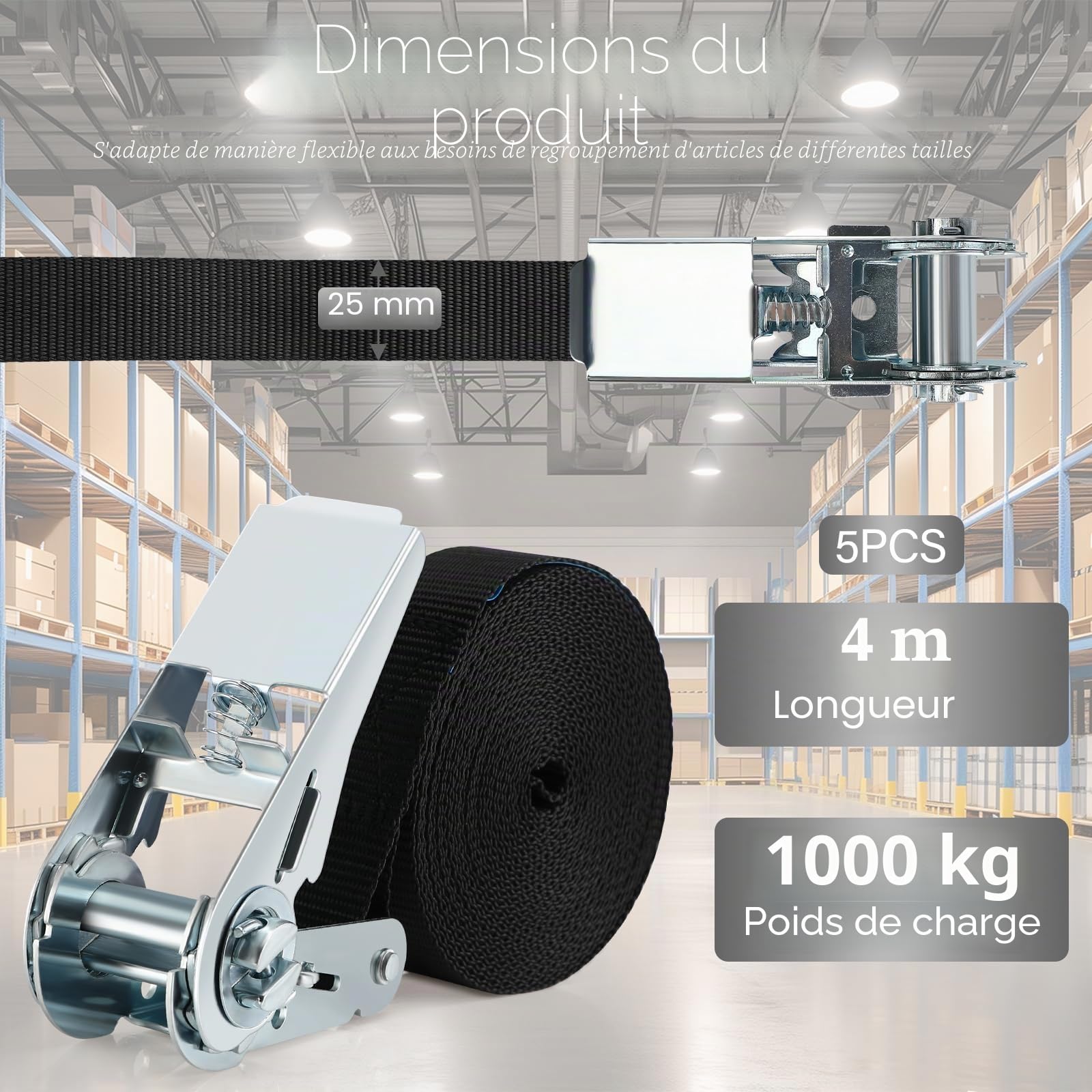 Tapvai Lot de 5 Sangles d'arrimage réglables avec cliquet (2.5 cm x 4 m) | Charge maximale : 1000 kg - Sangles d'arrimage extrêmement Robustes - Convient pour Le Chargement Fixe, la Voiture, la Moto