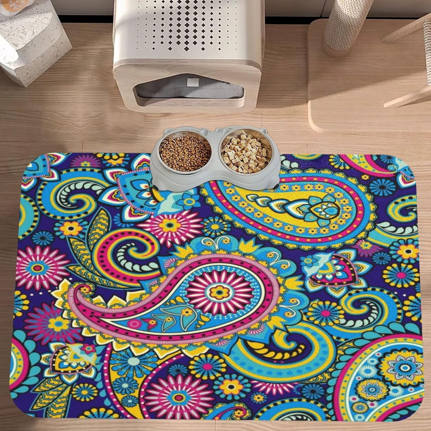 Red Polka Dot Bohemian Paisley Pet Feeding Mat-Absorbent Quick Dry Pet Cat Dog Food Mat Non Slip Waterproof Rubber Dish Placemat