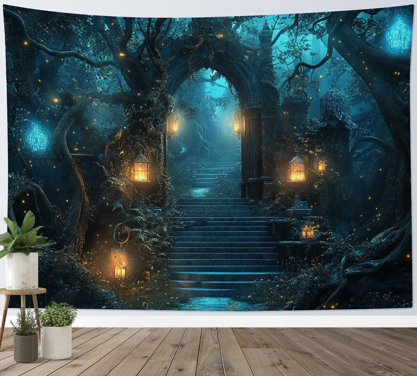LB Magical Forest Tapestry Wall Hanging Dark Blue Nature Landscape Rustic Tree Wall Decor for Living Room Bedroom Home Office,59x51 inch โ image 1
