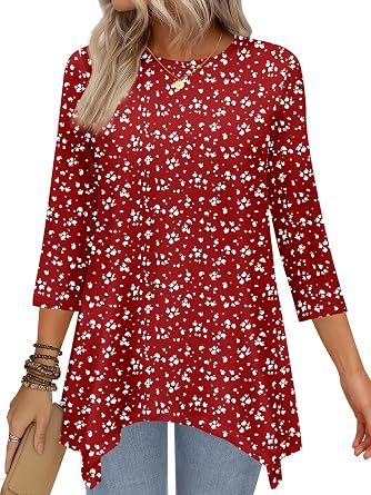 JUSTFASHIONNOW 3/4 Length Sleeve Tunic Tops for Women Loose Fit Dressy Casual Blouses Shirts with Asymmetrical Hem S-3XL