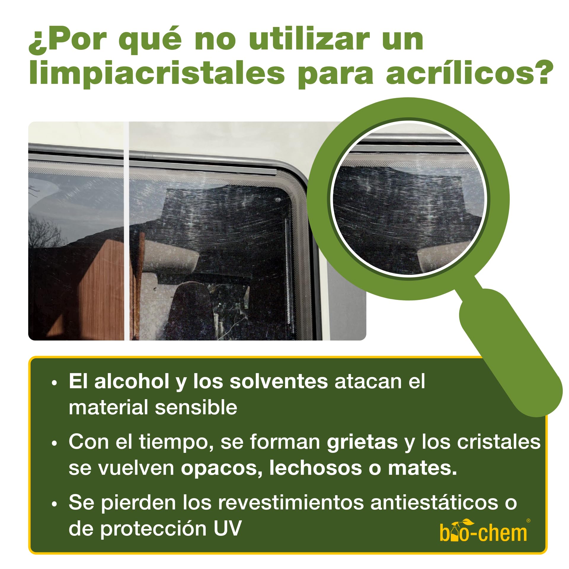 Bio-Chem - Limpiacristales acrílico y plexiglás 750 ml - Limpiacristales para caravanas, autocaravanas y automóviles - Spray líquido limpiacristales para automóviles