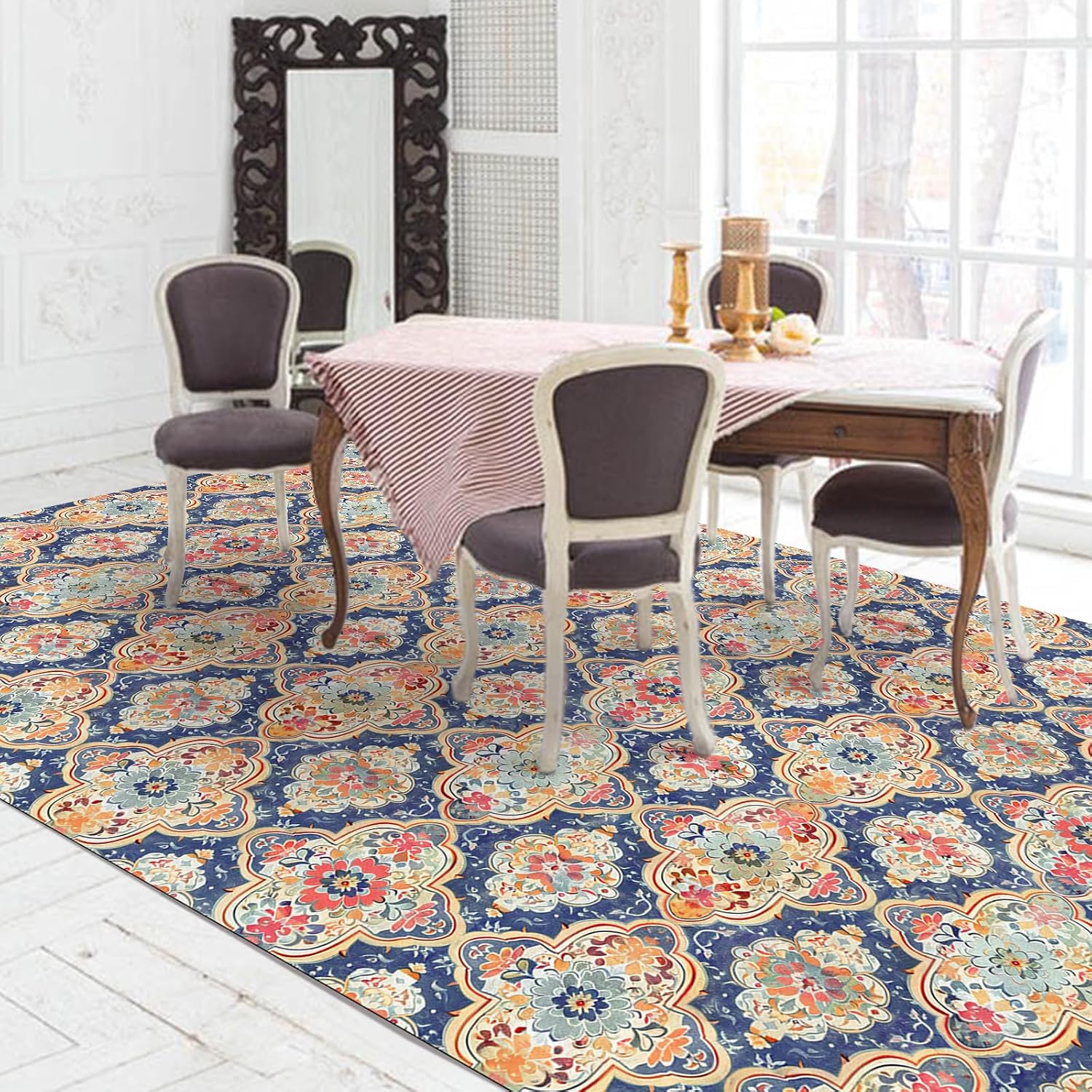 Boho Vintage Flower Washable Area Rug 5 x 7 Ft, Bohemia Retro Floral Soft Non Slip Large Rugs Indoor Home Decor, Entryway Floor Carpet Living Room Bedroom Kitchen Dining Room Decoration