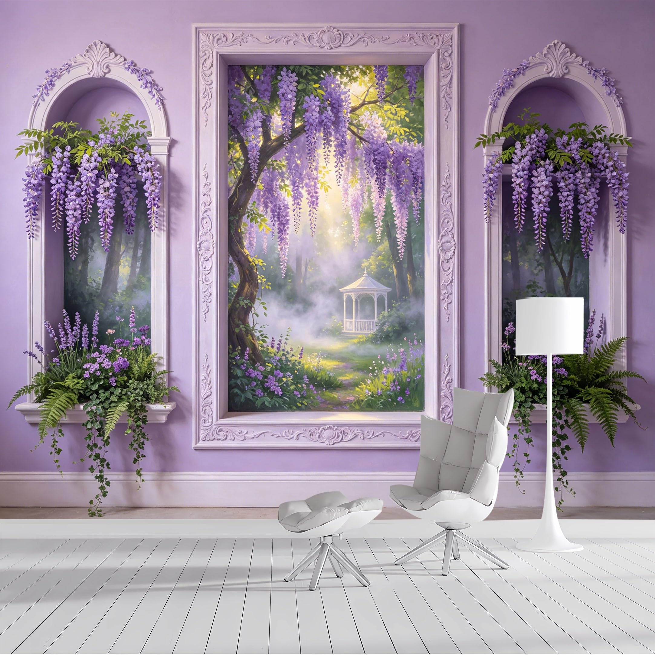 Yzpallescene Custom Size Wall Mural Purple Wisteria Forest Gazebo French Retro Neoclassical Trompe L'Oeil SelfAdhesive Wall Fabric Removable Wallpaper Wall Decor for Living Room Bedroom Bathroom