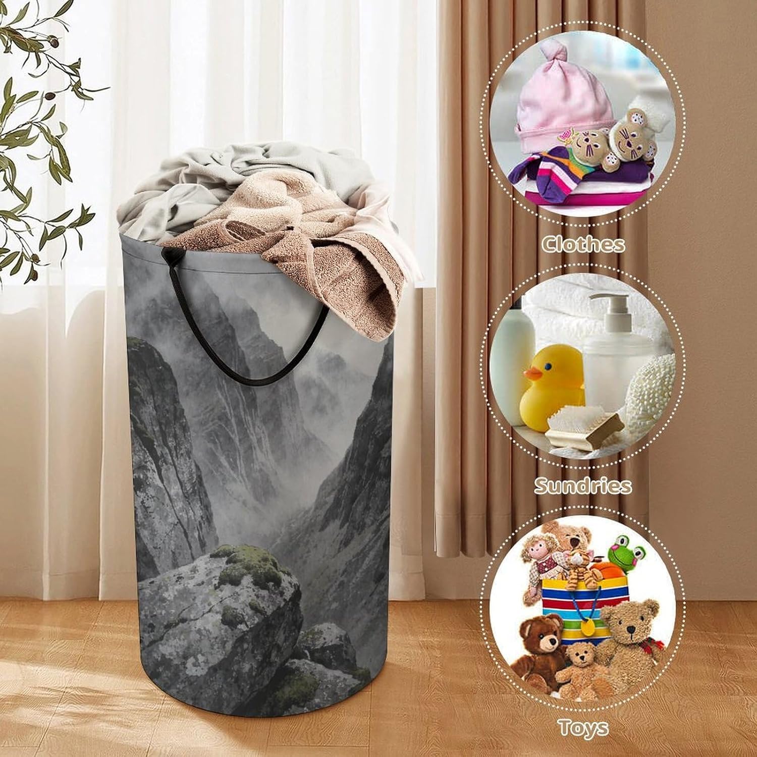 Grey Painting Laundry Hamper with Handles Waterproof Collapsible Laundry Basket Large Lightweight Round Dirty Clothes Hamper for Home Dorm Bathroom Decor