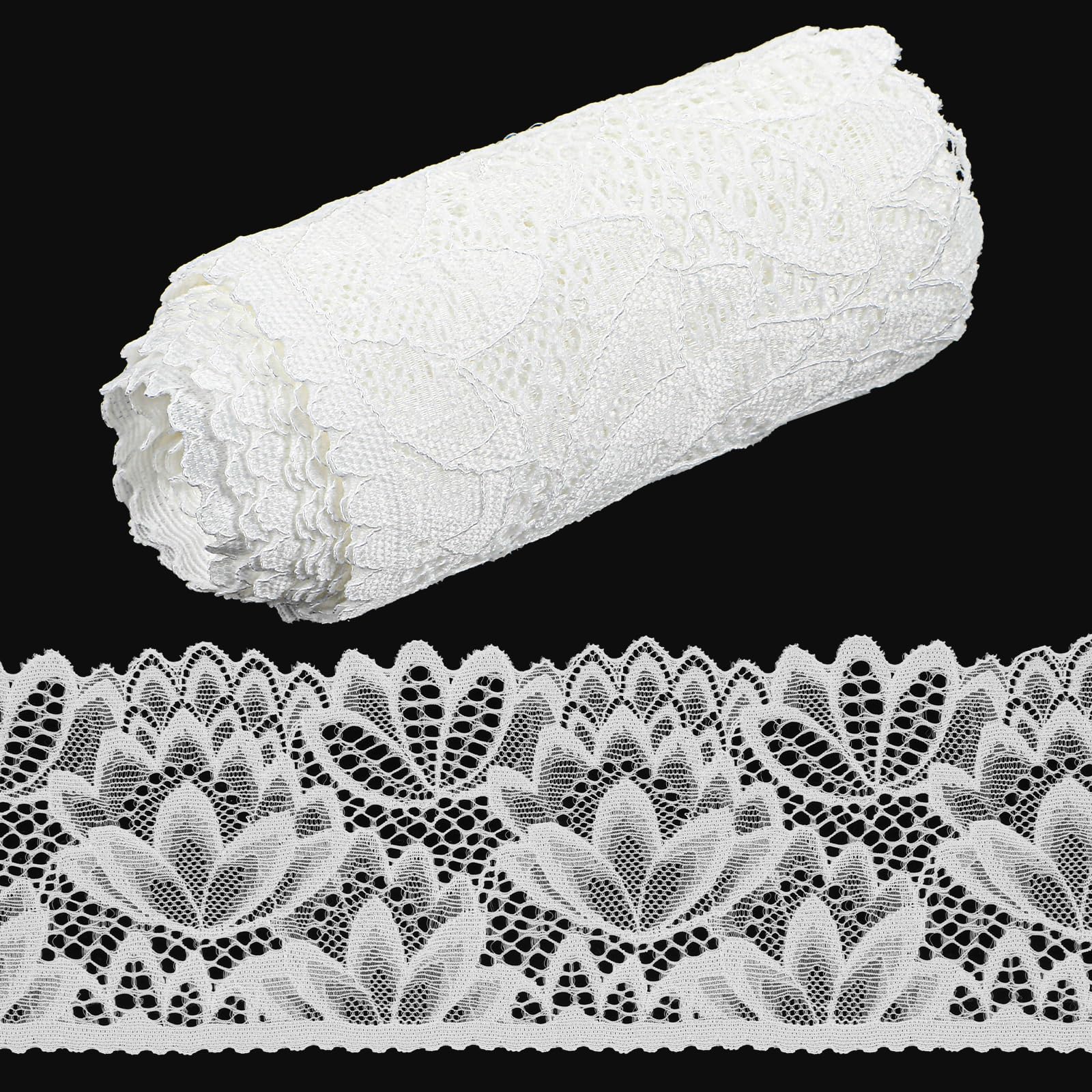 5 Yards White Lace Trim, 4 Inch Wide Elastic Vintage Lace Fabric Trim, 1 Roll Applique White Laces Ribbon for Wedding Dress, Bridal Decorations, Sewing Crafts DIY Projects(5 Yards 4 Inch Wide) — image 1