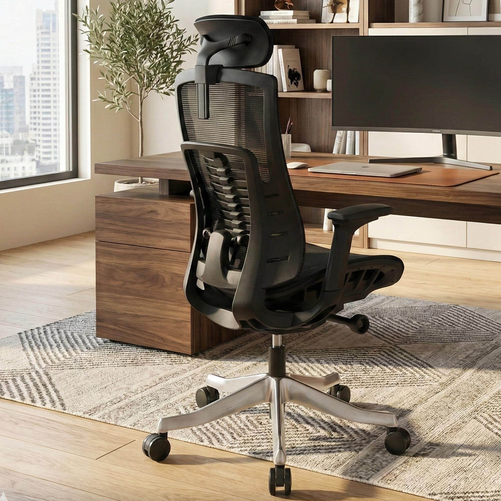 MRC Alcazar Ergonomic Office Chair, Mesh High Back Office Computer Chair with Adjustable Lumbar Support, 3D Armrests, Multi-Tilt Lock Mechanism & Strong Aluminium Base - Black