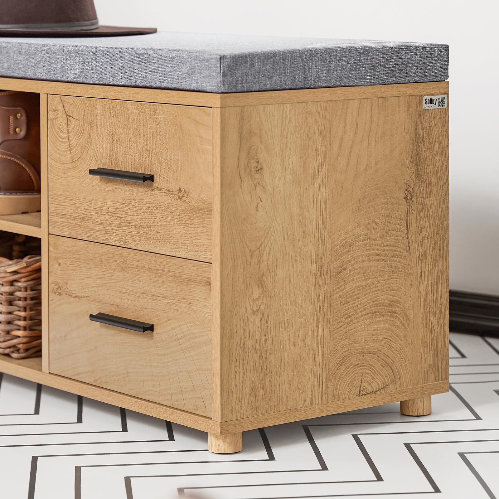 SoBuy Banco Zapatero Banco de Almacenamiento con 1 Puerta 2 Cajones y 2 Estantes Abiertos 110 x 35 x 47 cm FSR148-N ES