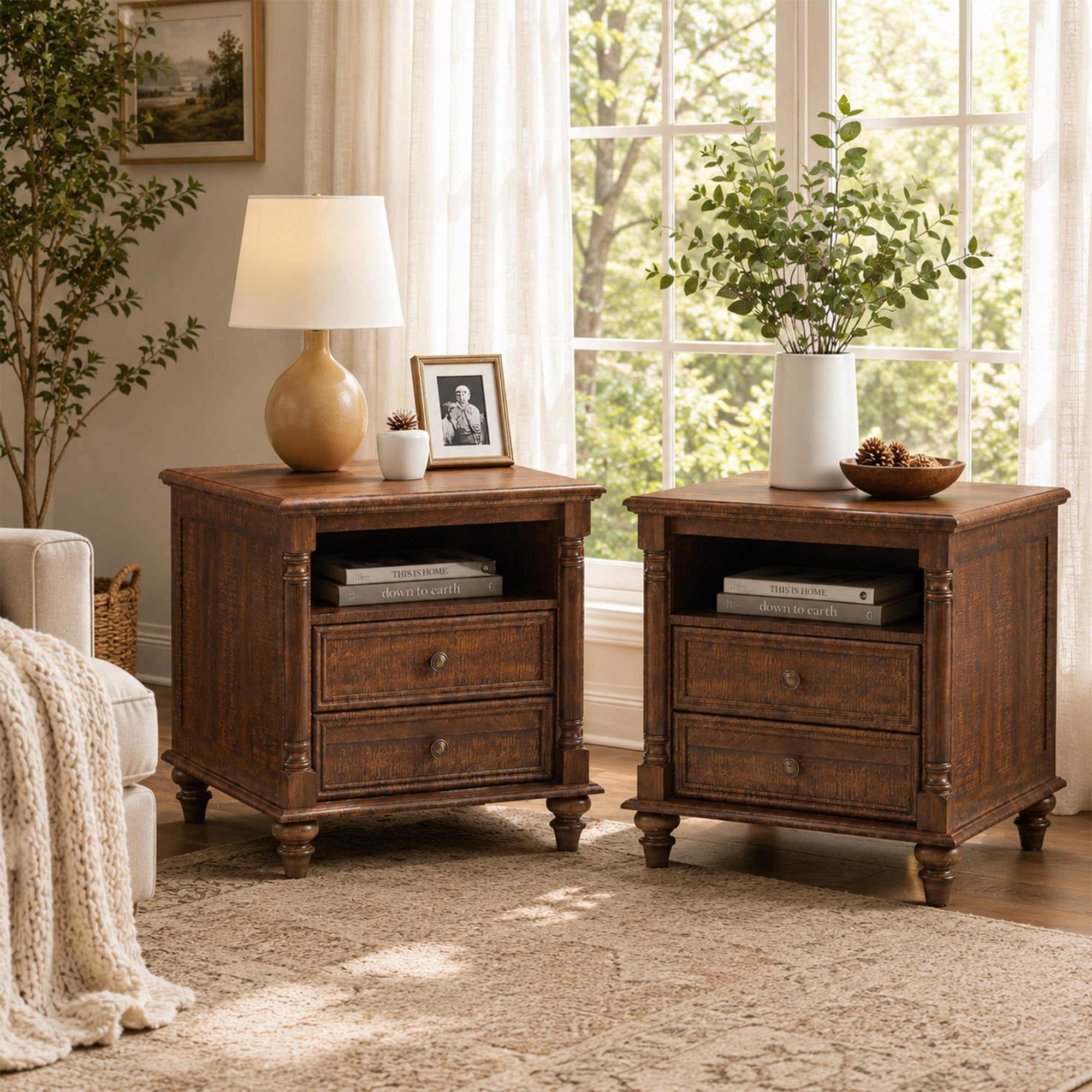 T4TREAM 24" Farmhouse Nightstands with 2 Drawers Set of 2, Reclaim Barnwood