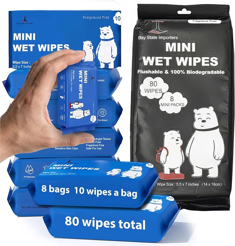 Toallitas desechables de viaje compactas, paquete de 8 (80 toallitas húmedas sin perfume en total) | Hipoalergénico para pieles sensibles, pH equilibrado para la higiene femenina, a base de plantas y biodegradable