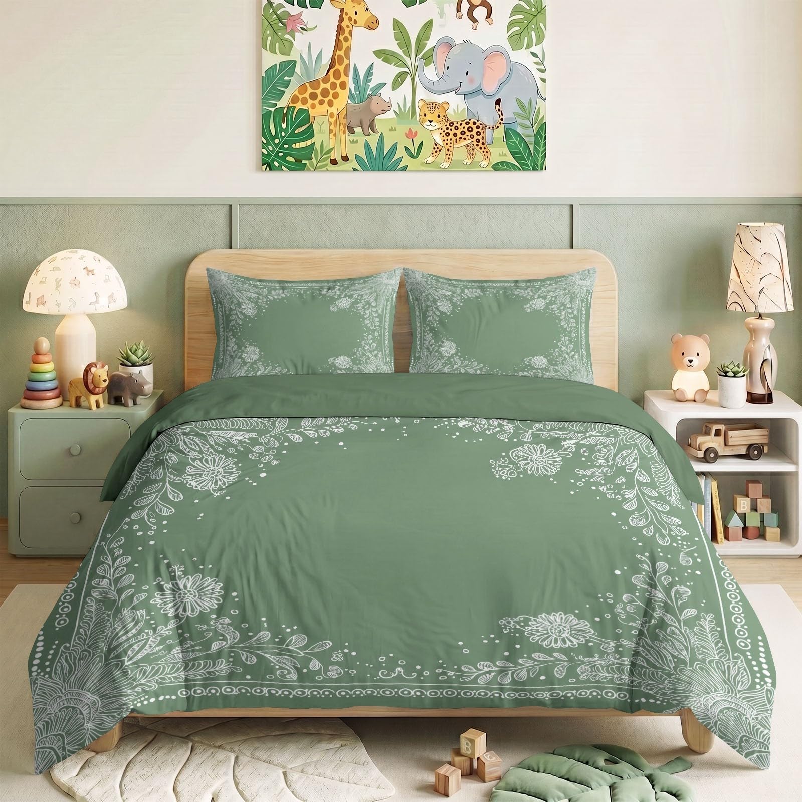 Generisch Bettwäsche Set 3-teilig 200 x 200 cm, Vintage Kinderbettwäsche Mikrofaser mit Reißverschluss - Bettbezug Blumenmuster Ranken für Jungen Mädchen Grün Bettwaren