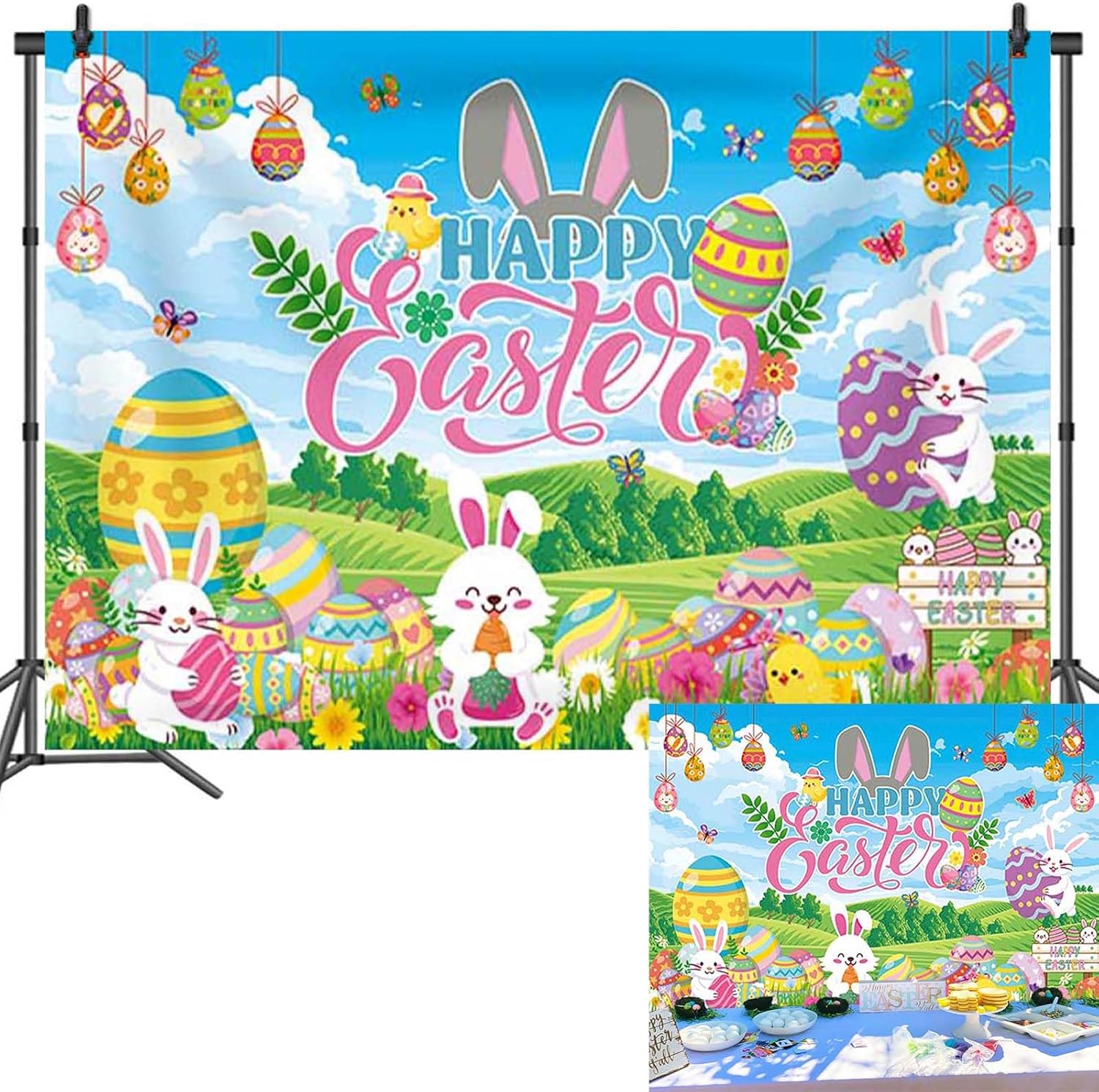 Happy Easter Banner Backdrop Easter Colorful Eggs Bunny Photoshoot Background Spring Rabbit Eggs Kids Birthday Party Decorations Banner Booth Props (8x6FT(94 x 70 inch))