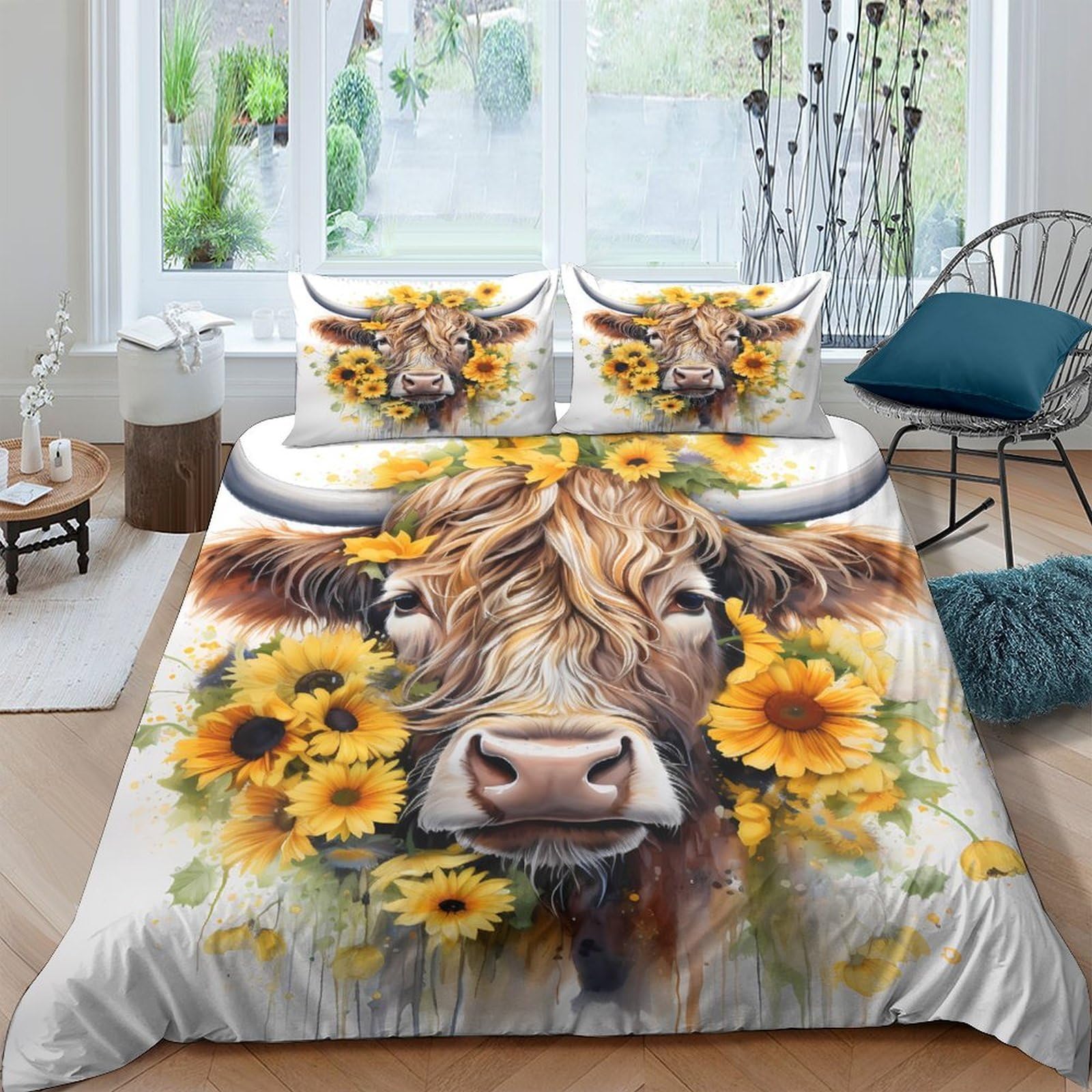 Ctjqhvkz Style-6 3D Printed Highland Cow Sunflower Fitted Sheet Microfiber Soft Anti-Slip Bed Cover For Bedroom Guest Room Decor Single（135X200cm）