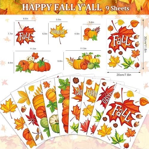 Miniatura 5 de Whaline 9 hojas de hojas de arce de otoño para ventana, calcomanías de calabaza de doble cara para otoño, cosecha de Acción de Gracias, hogar,