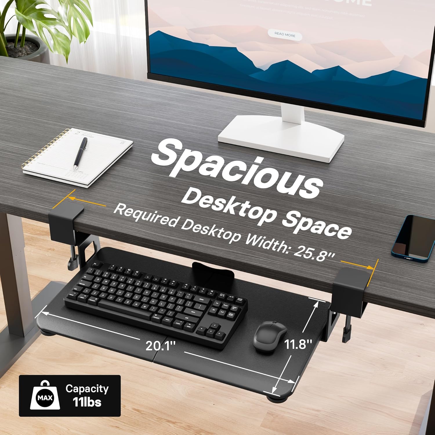 Diagram showing the dimensions of the keyboard tray (20.1 x 11.8 inches) and its 11 lbs capacity.