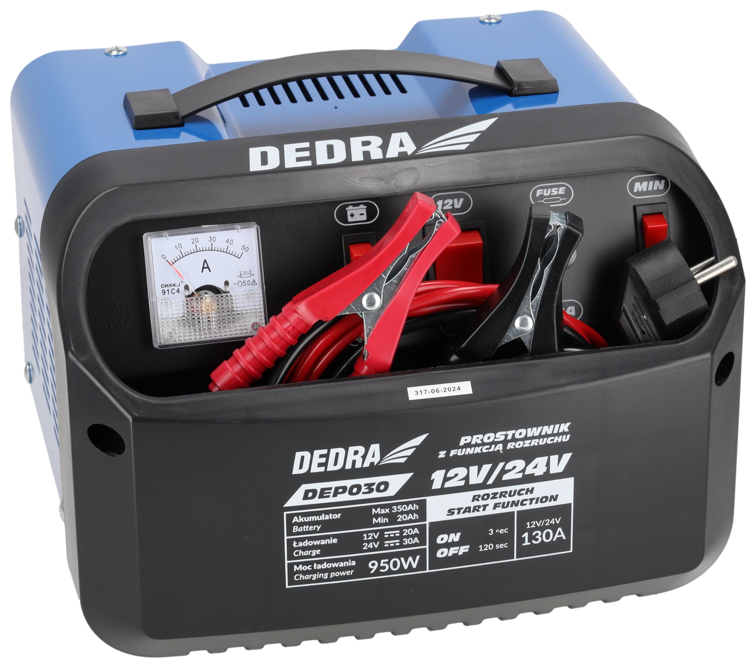 DEDRA Chargeur Démarreur 12/24V 30A Professionnel – Booster Batterie 400A Jusqu’à 350Ah – Fonction Désulfatation + Réparation – Câbles 2m Cuivre Pur, Écran LCDs, Bleu