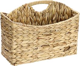 BSTKEY Divided Magazine File Basket with Handle, Natural Water Hyacinth | Handwoven Newspapers Storage Holder Document Folder Mail Organizer Bin Tabletop Book Rack for Home Office