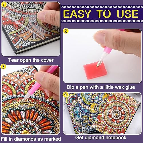 Miniatura 3 de Ctosree Paquete de 4 cuadernos de pintura de diamantes 5D, kits de pintura de diamantes de flores, arte y manualidades de cuero para adultos, kit de