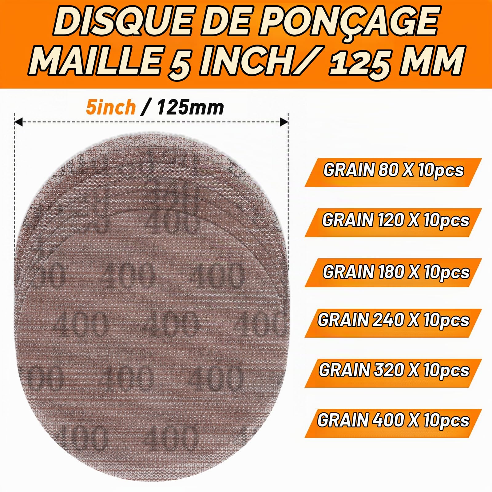 60 Pièces Disque Abrasif Maille 125mm Grain 80 120 180 240 320 400 Disque Poncage 125mm pour Ponceuse Orbitale