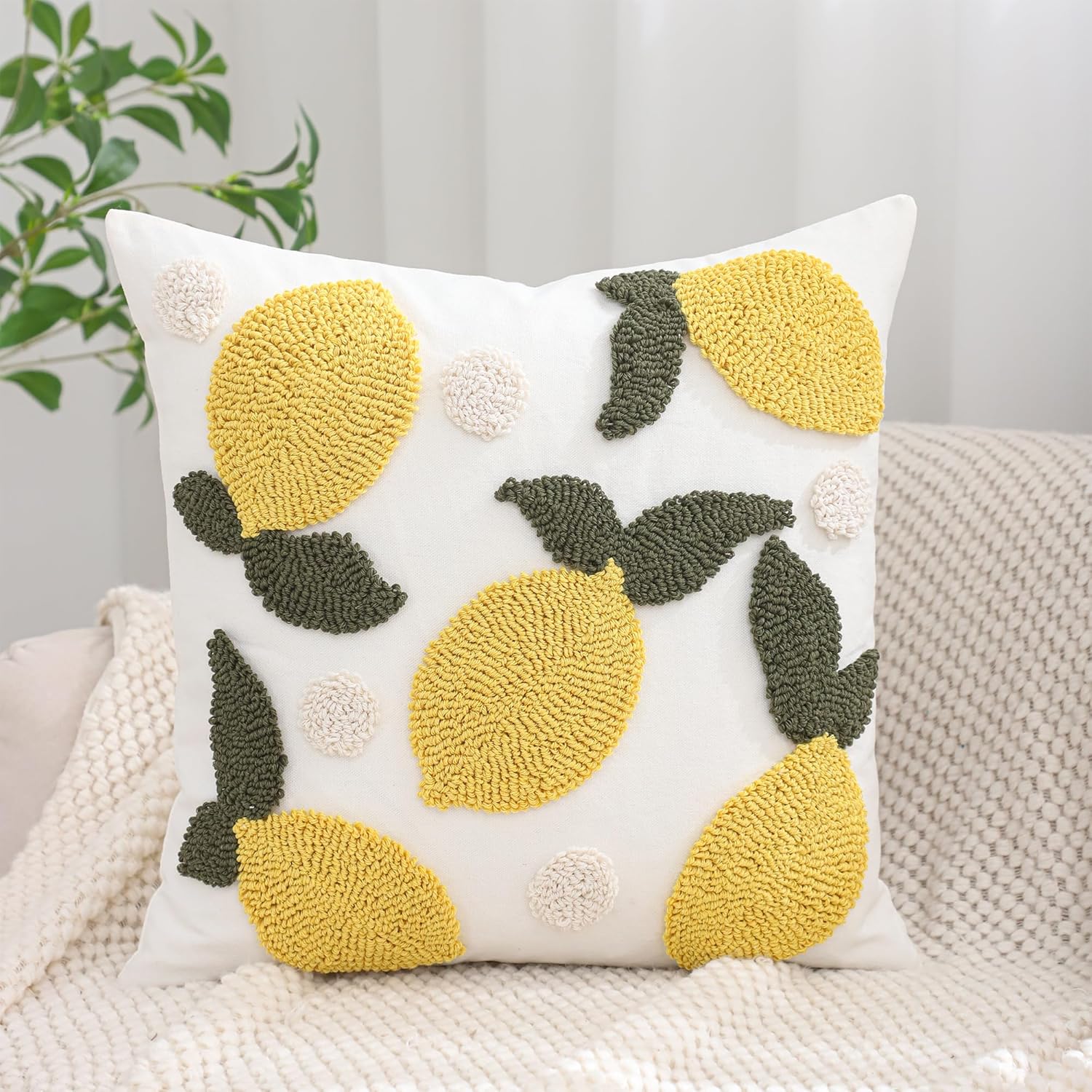 Embroidered Throw Pillow Covers 18x18 Pack of 2 Yellow Lemon Pillow Cushion Cases Farmhouse Decor Square Tufted Pillowcases for Spring Summer Sofa Couch Bedroom