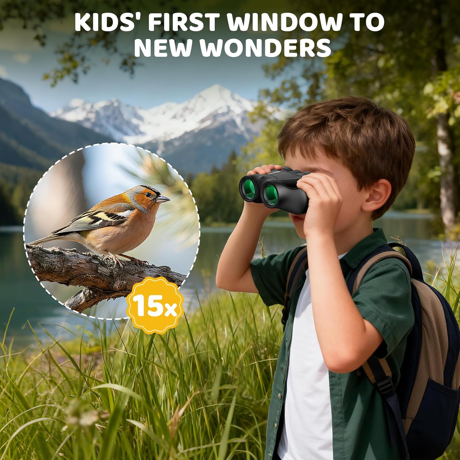 Aurosports 15x25 Compact Binoculars for Kids - Small Binoculars Lightweight with Carrying Case Birding Guide for Bird Watching Hiking Camping Travel Gift for 8-12 Years Boys Girls (Black)