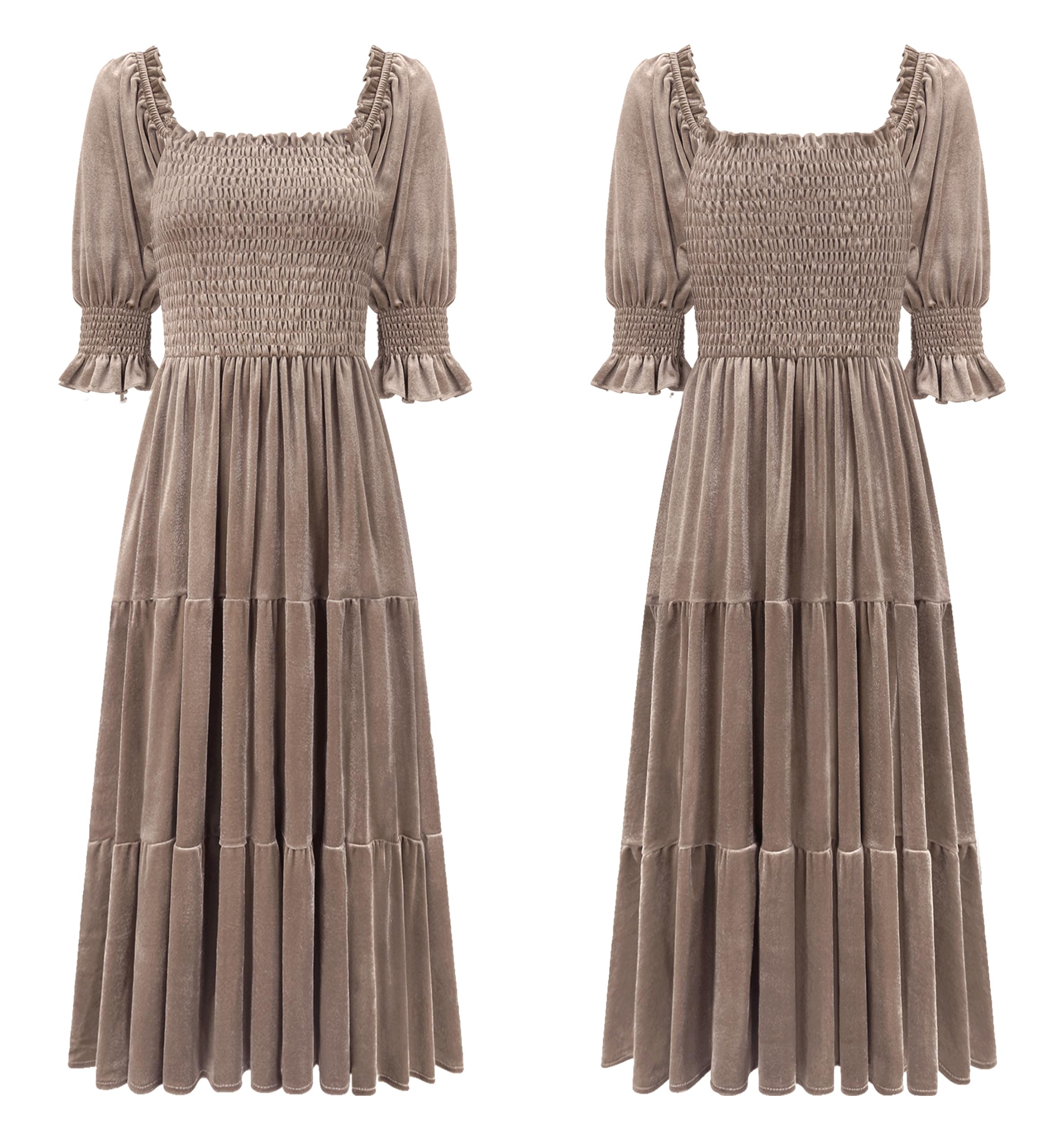 R.Vivimos Automne Hiver Femme Robe Velours Col Carré Manches Bouffantes Robe Midi Smock Une Ligne Volants Robe Longue