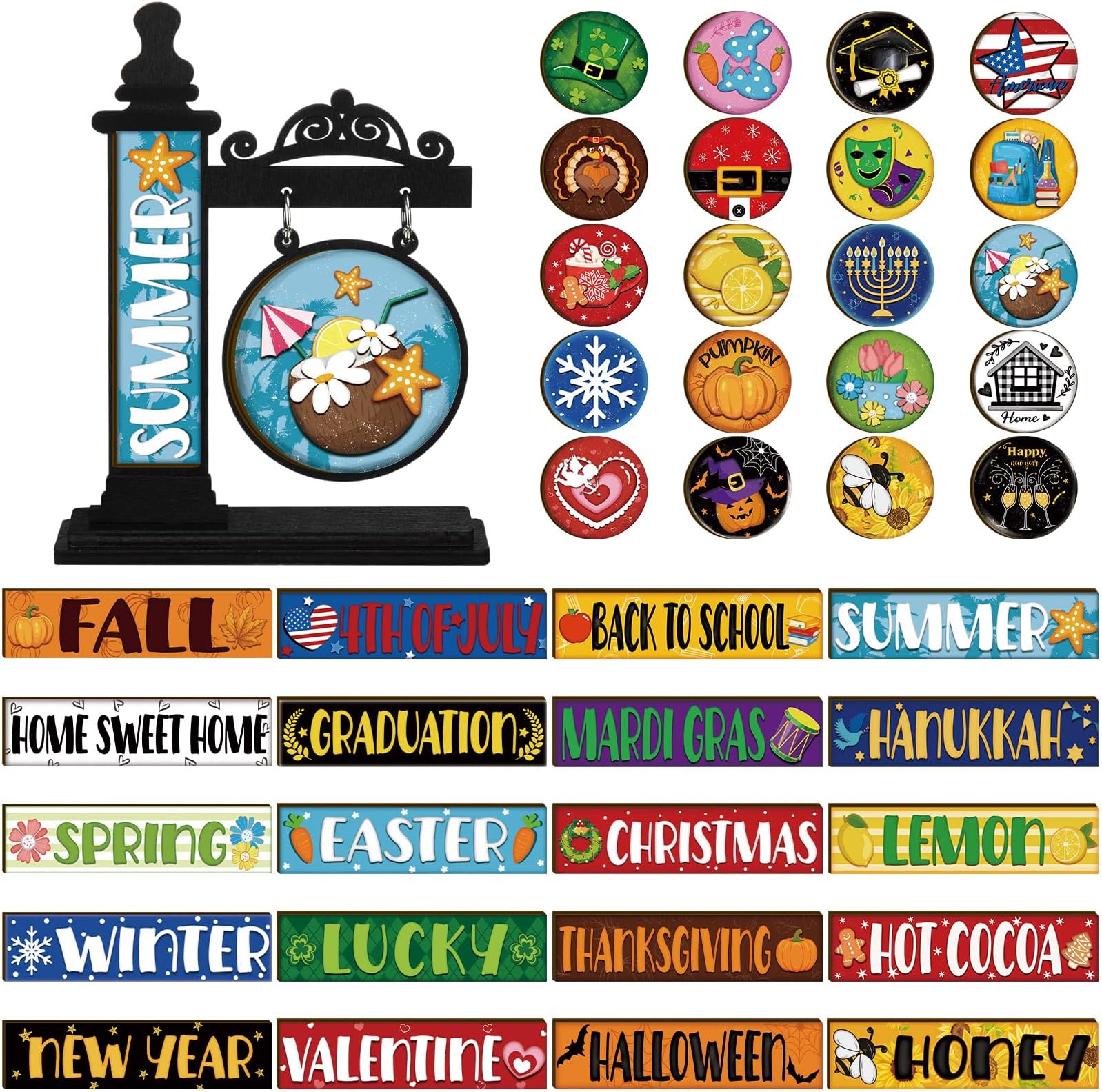 RattanView 41 Pcs Interchangeable Seasonal Decor Mini Standing Sign Farmhouse Convertible Seasonal Wood Welcome Sign for Halloween Thanksgiving Christmas Holiday Table Decor(Black)