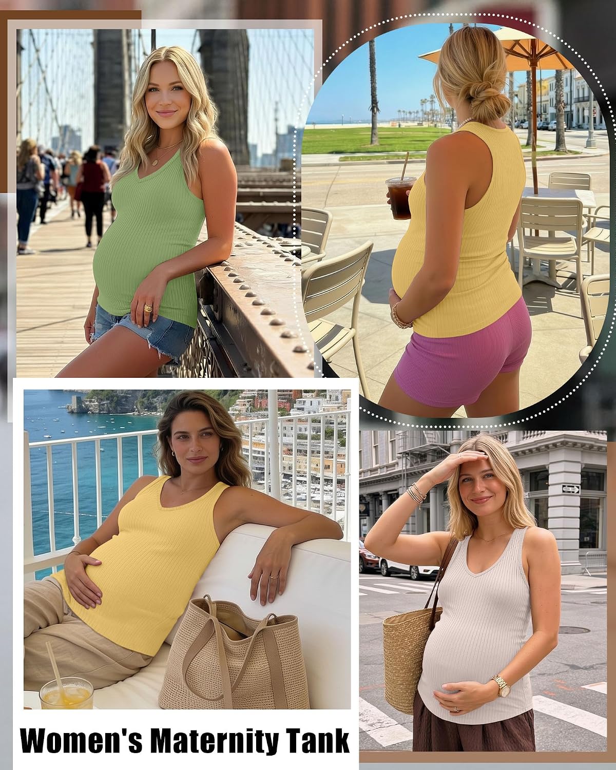 3 Pack Women's Maternity Tank Tops 92% Cotton Ribbed Knit Summer Pregnancy Shirts Sleeveless V Neck Basic Clothes(Medium,Yellow, Light Apricot, Light Green)