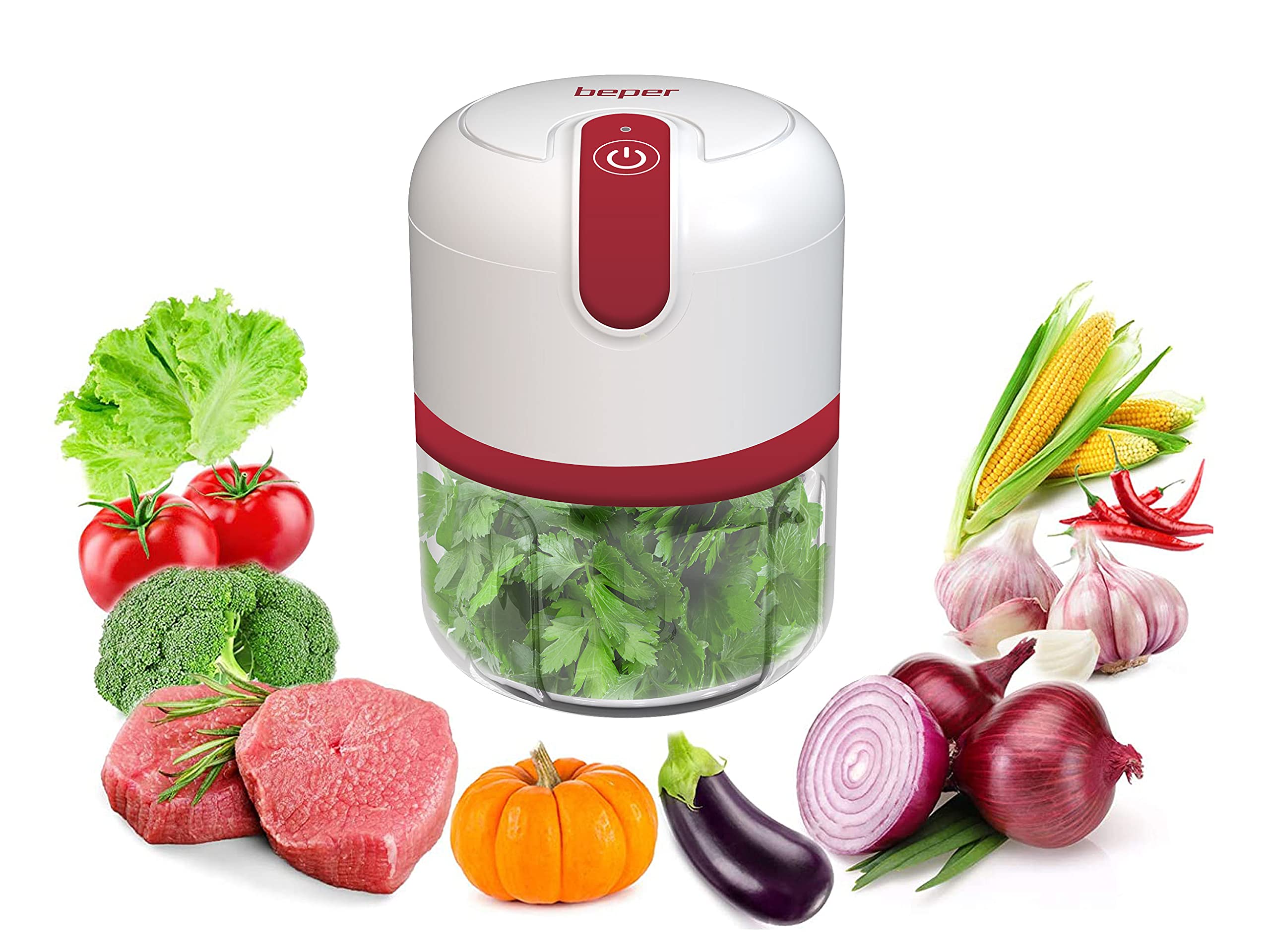 BeperP102ROB050 USB Rechargeable Food Processor, Mini Food Processor, 250 ml Capacity, 3.7 V Power, 3 Stainless Steel Blades, Rechargeable Battery, Red/White