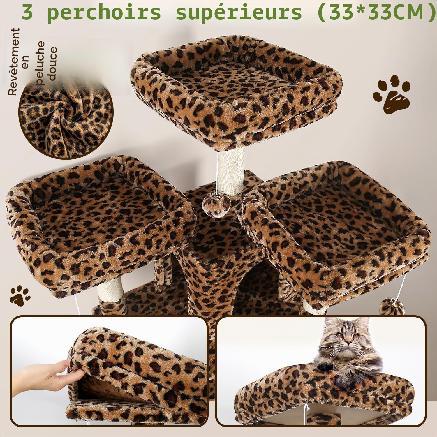 Globlazer Arbre a Chat Léopard 174 cm avec 3 Perchoirs Rembourrés, 2 Niches, 2 Paniers, Amovible Chouchou Lit, Poteau en Sisal, Stable Château Arbres a Chats pour 2-4 Chats Intérieur (F68B, Léopard)