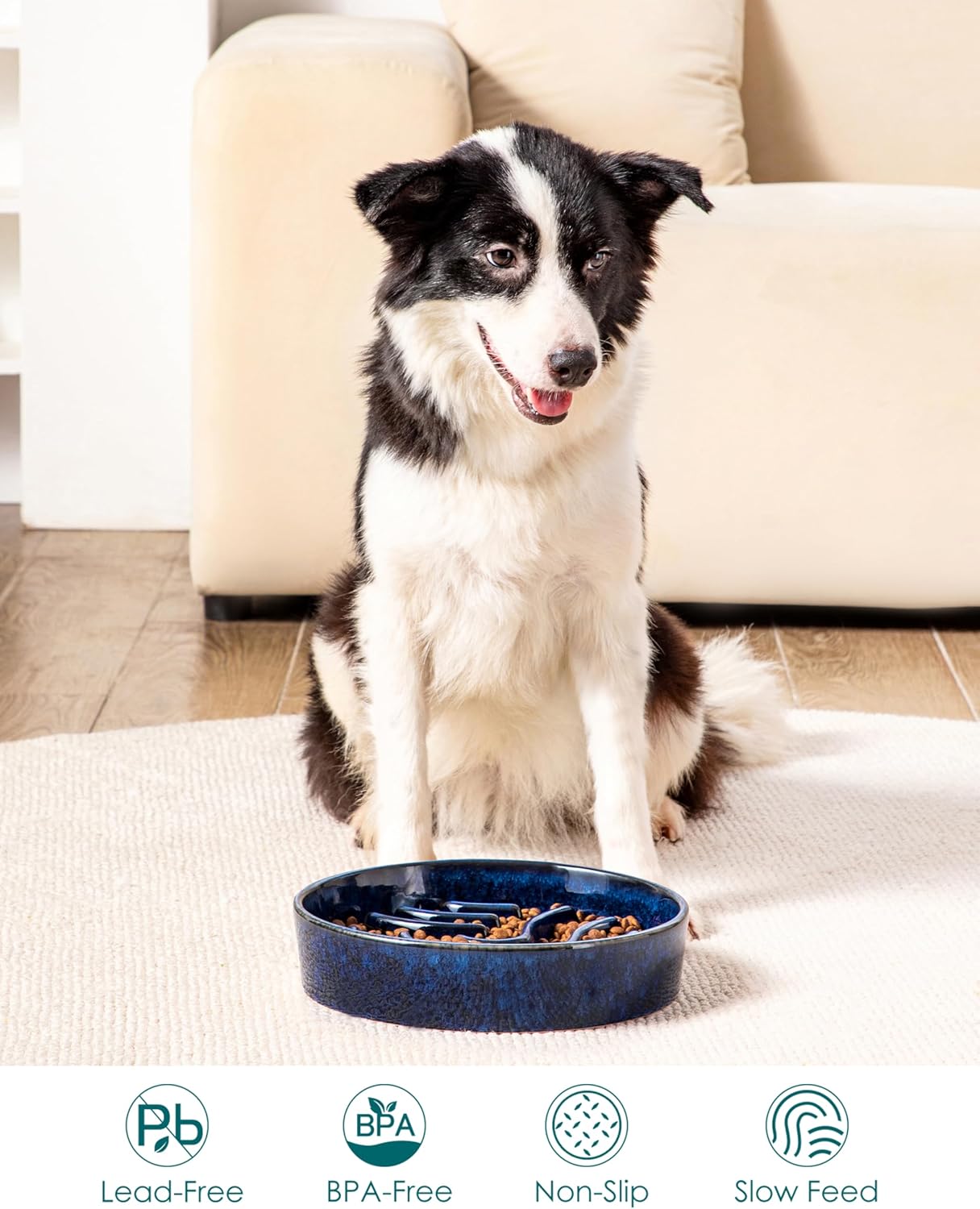 vancasso Slow Feeder Dog Bowl, 3 Cup Ceramic Slow Feeding Food Dish for Large Breed, Puzzle Dog Food Bowl for Fast Eater, Blue