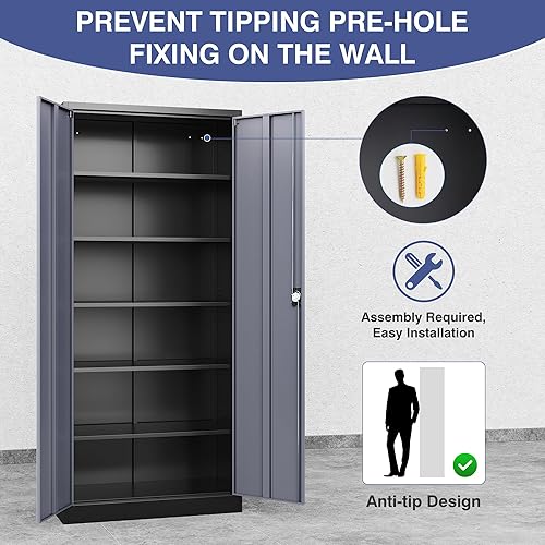 Miniatura 5 de LISSIMO Gabinete de metal de 72 pulgadas, armario de almacenamiento con bloqueo con 2 puertas y 5 estantes ajustables, gabinete de herramientas de