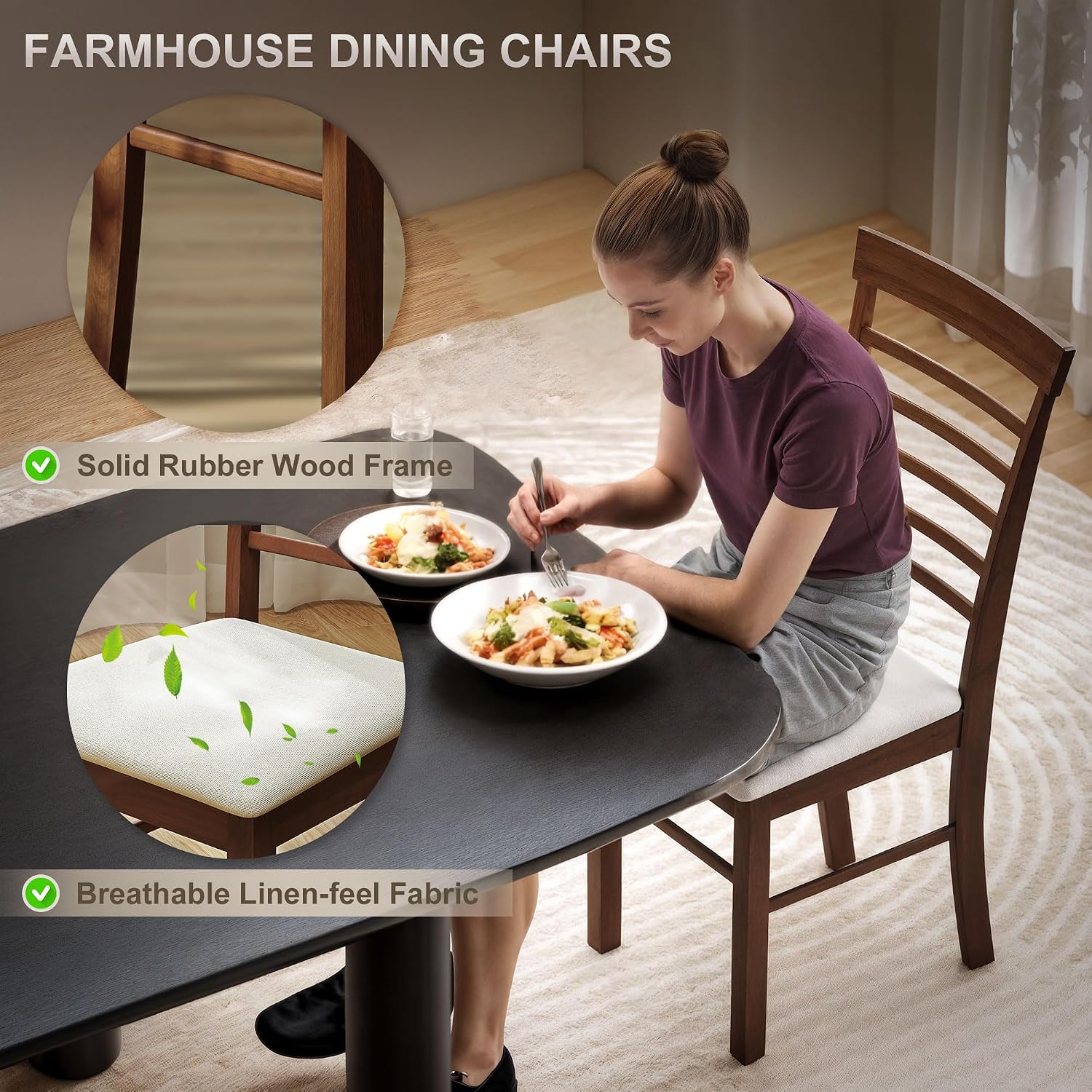 HOMCOM Wooden Dining Chairs Set of 2, Farmhouse Upholstered Kitchen Chairs with Rubber Wood Frame for Living Room, Dining Room, Dark Brown and Beige